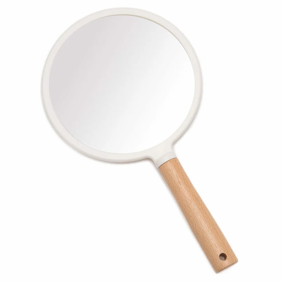 YEAKE Specchio a mano con manico per trucco, piccolo specchio in legno carino per rasatura con foro da appendere su un lato, portatile, da viaggio, per uomini e donne (rotondo)
