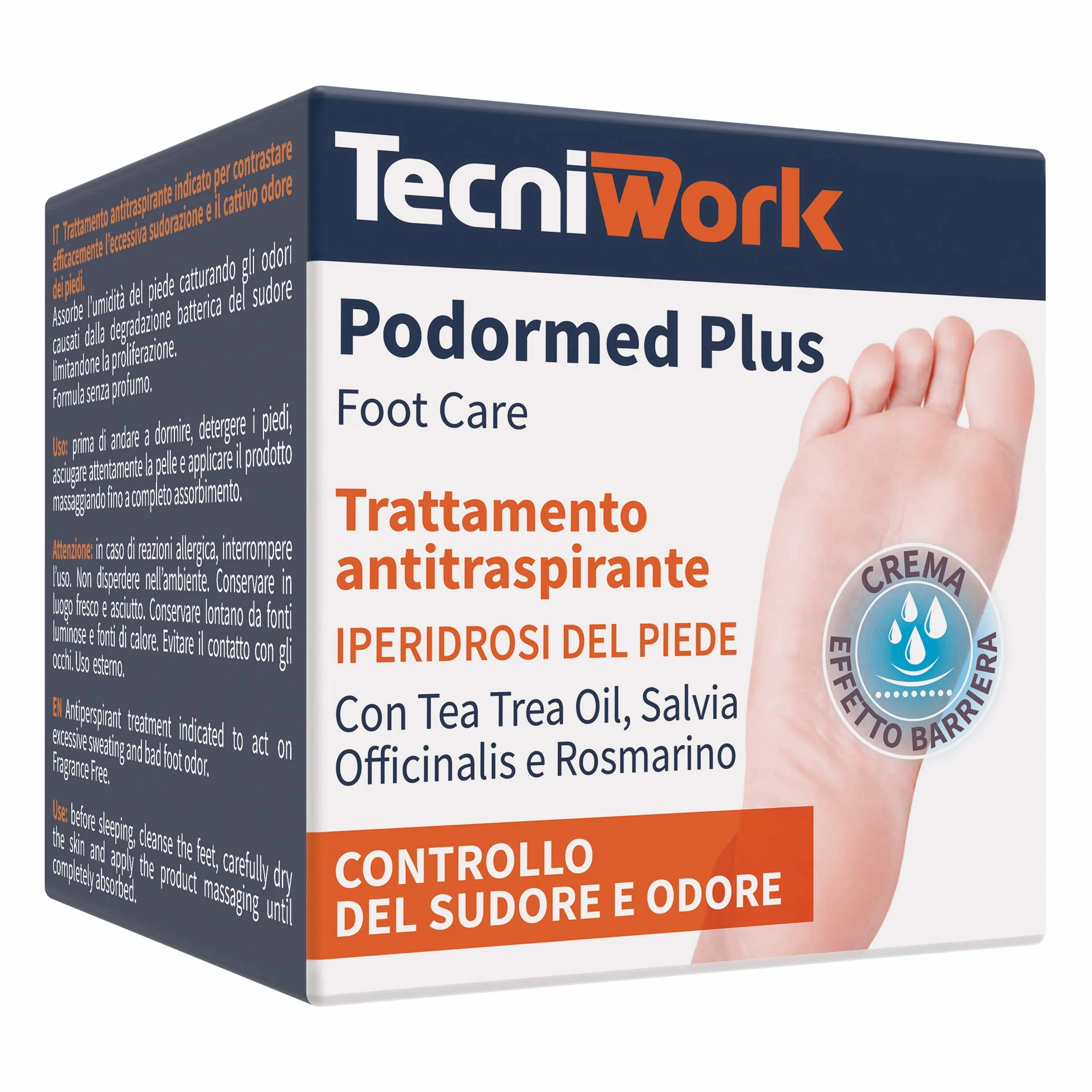 Podormed Plus Crema Antitraspirante Piedi 75 ml Tripla Azione Barriera Assorbente Igienizzante Tea Tree Salvia Rosmarino