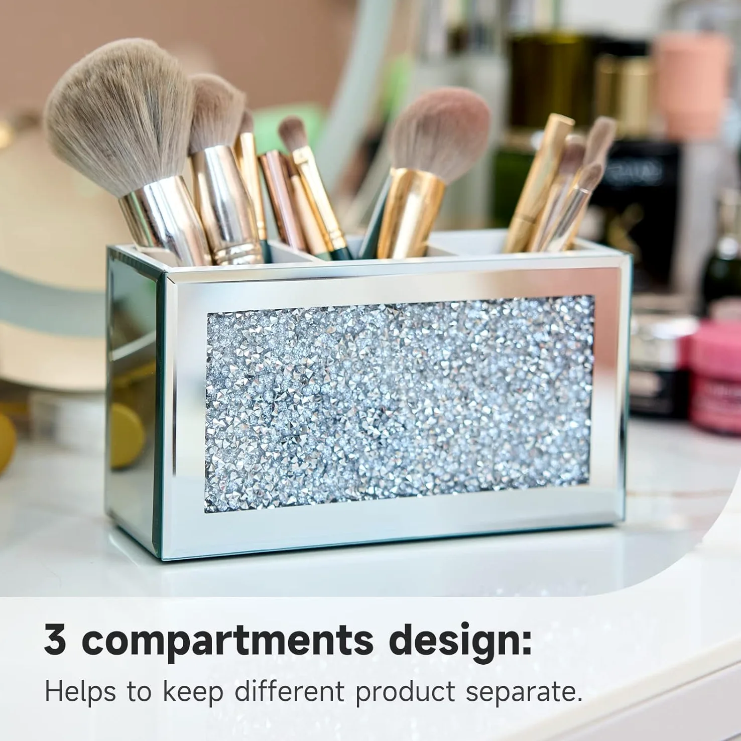 Organizer Trucchi Portatrucchi Porta Pennelli Per Trucco A 3 Slot Per Vanity Cosmetic Storage Organizer Vetrina Per Sopracciglia Con Eyeliner Con Diamanti Schiacciati Porta Trucchi Organizer Bagno