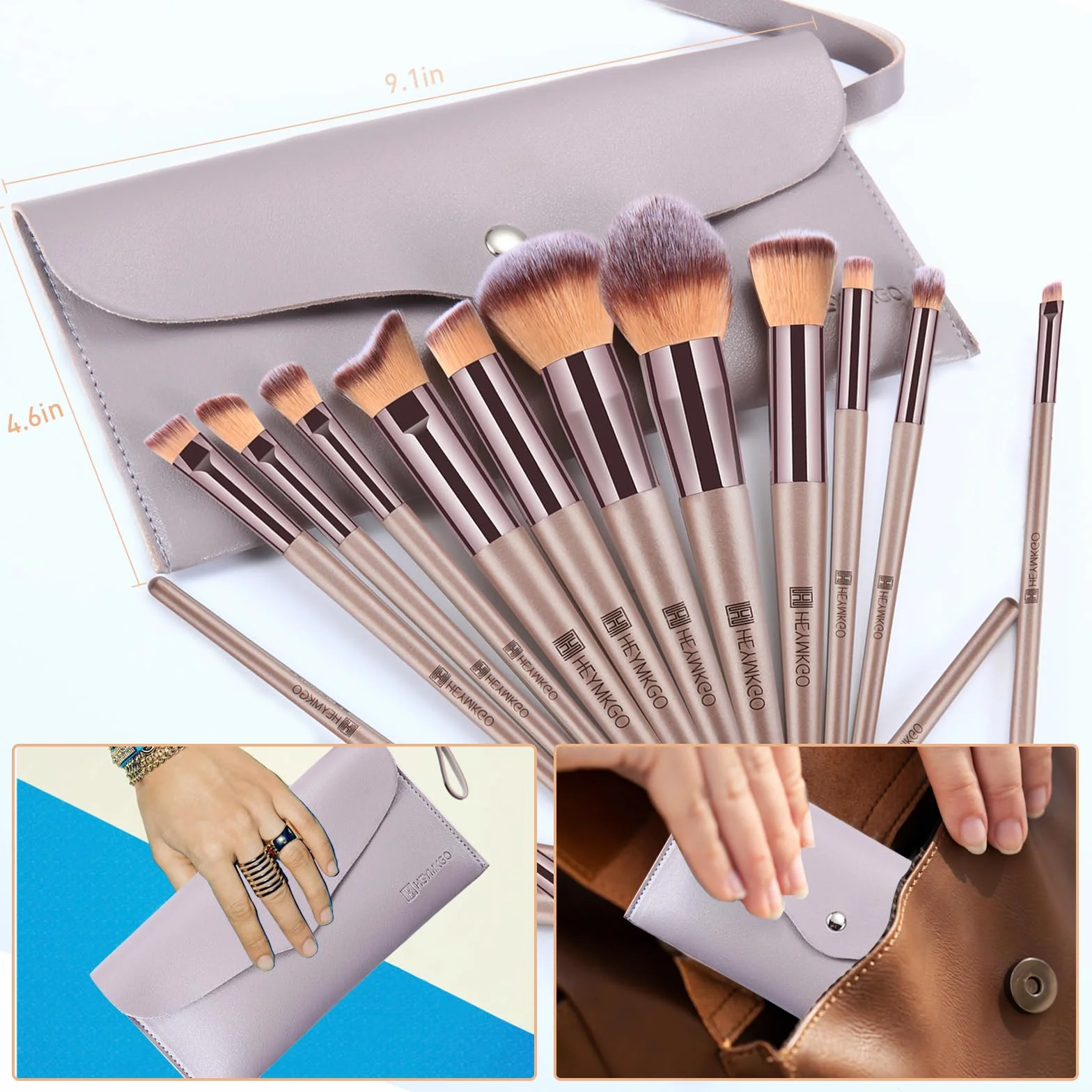 HEYMKGO Set Pennelli Trucco 15 Pezzi Professionale con Trousse Pelle PU Champagne Gold Kit Makeup Brushes Regalo Donne