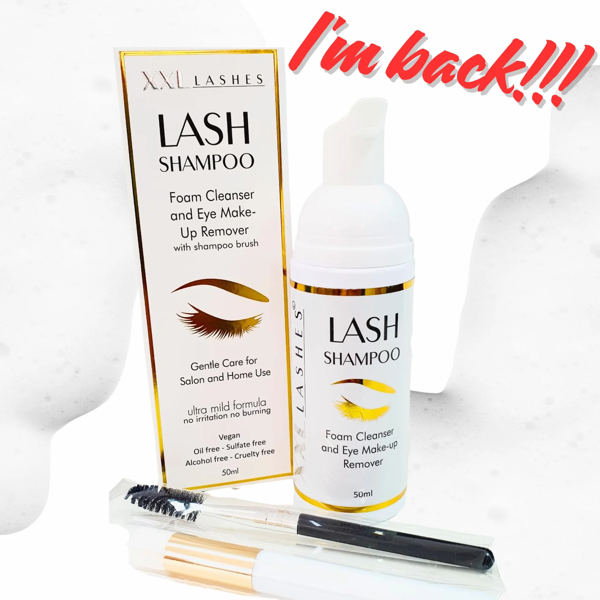 XXL Lashes Shampoo per extension ciglia, detergente schiumogeno, struccante, 50 ml con spazzolino per shampoo per ciglia e sopracciglia, cura ciglia con pennello per lavaggio