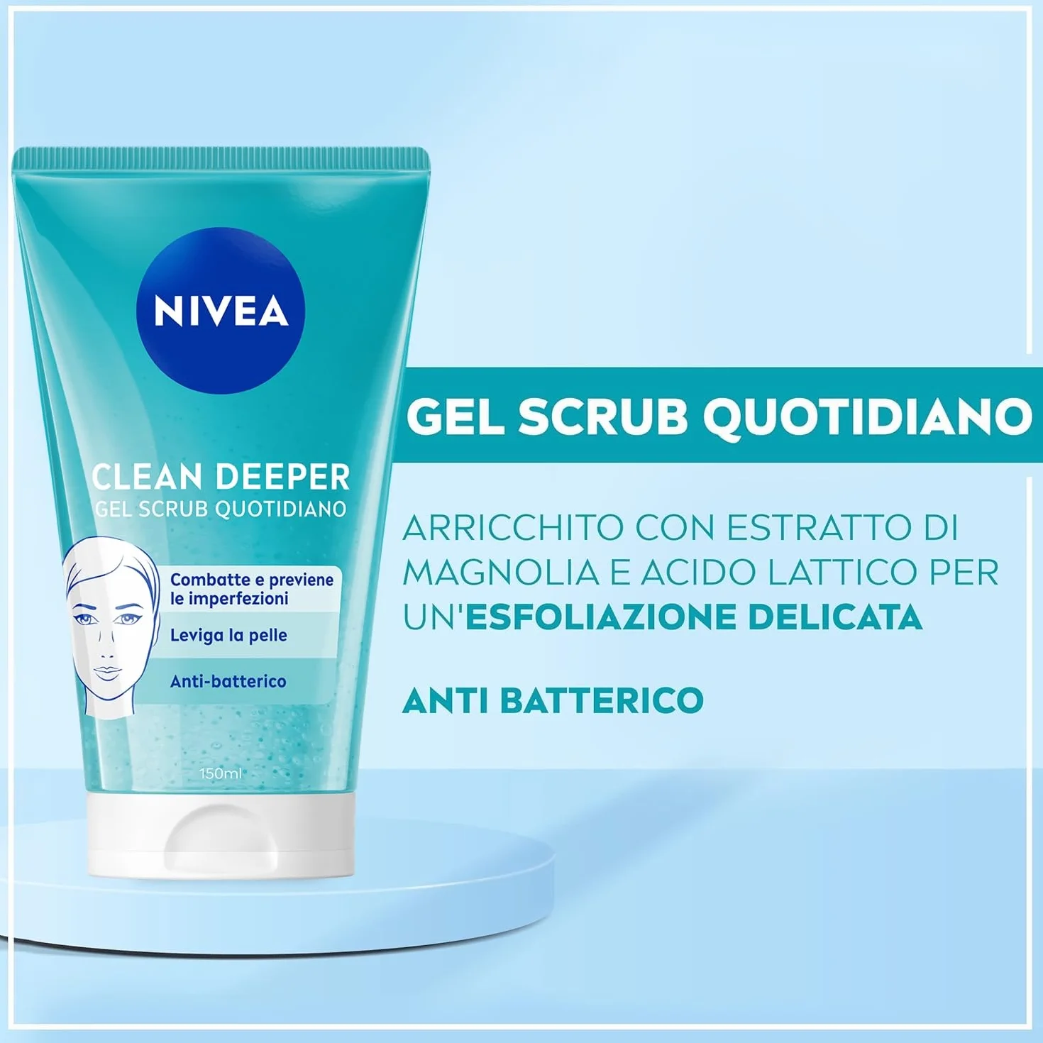 NIVEA Clean Deeper Scrub Viso Quotidiano 150 ml, Scrub esfoliante antibatterico, Esfoliante viso con Acido Lattico, Previene brufoli e punti neri, Non comedogenico, Detergente pelle grassa e mista