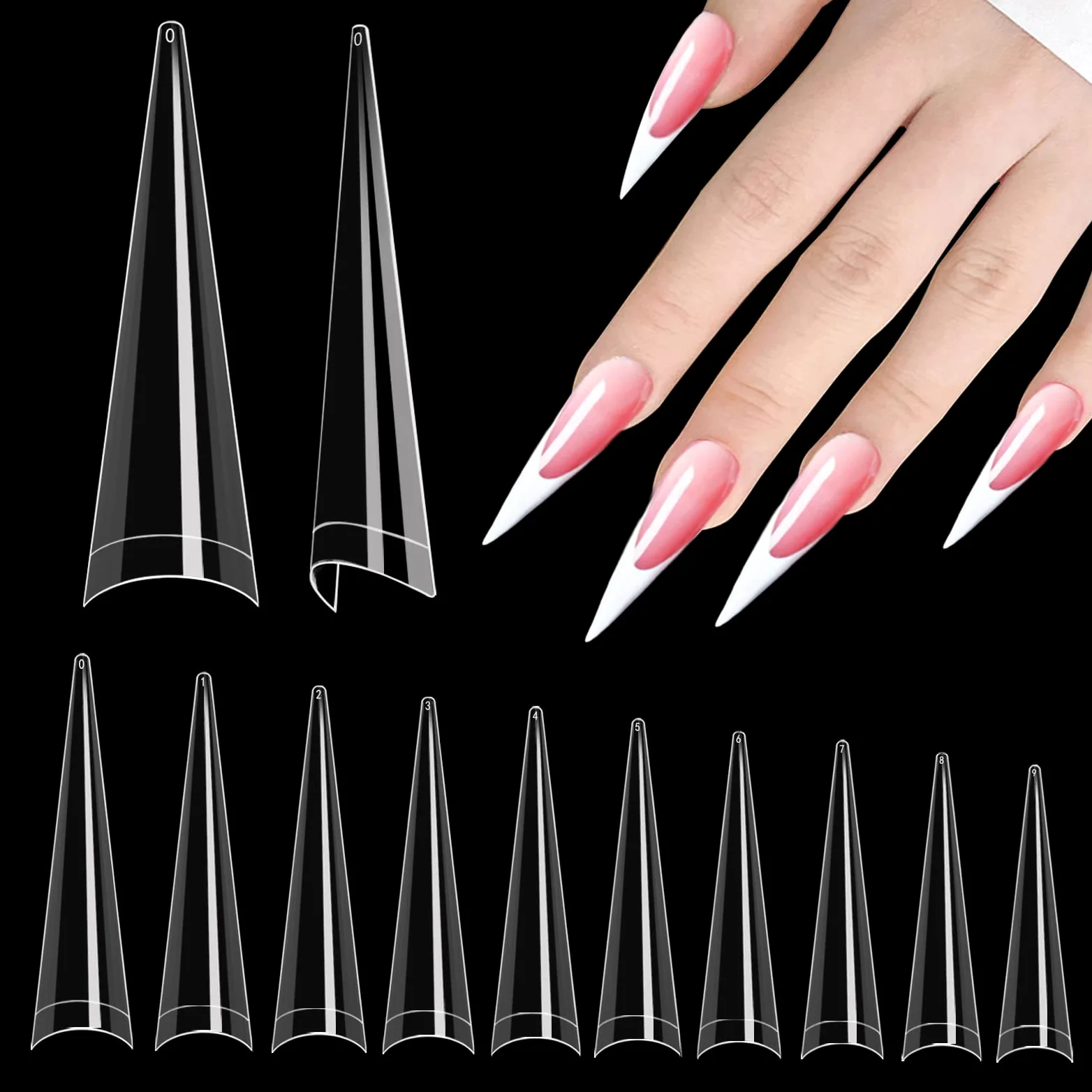 Unghie a stiletto per unghie acriliche, 500 pezzi, XXL, a stiletto, mezza copertura, per salone di bellezza e fai da te, 10 misure
