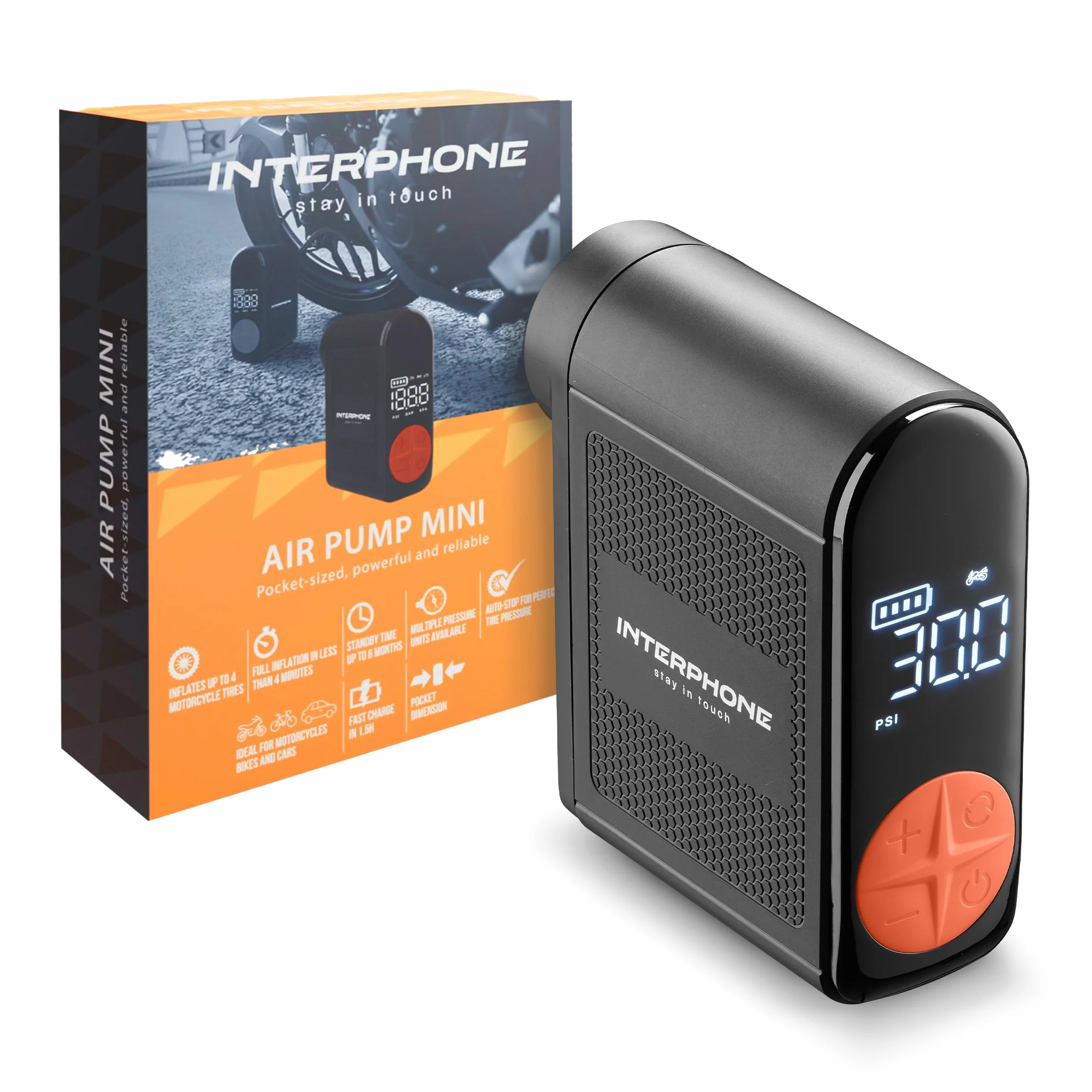 INTERPHONE Air Pump Mini Compressore Portatile Ricaricabile, Gonfia Gomme Auto Moto Bici
