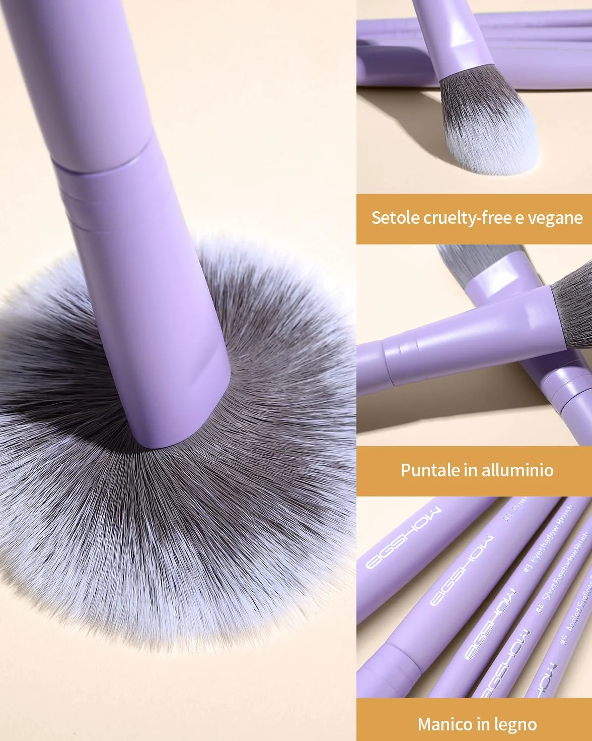 EIGSHOW Set di 5 pennelli da trucco con setole infuse agli ioni d'argento, pennelli da trucco professionali essenziali per il viso completo, per cipria, fondotinta, ombretto, eyeliner, correttore