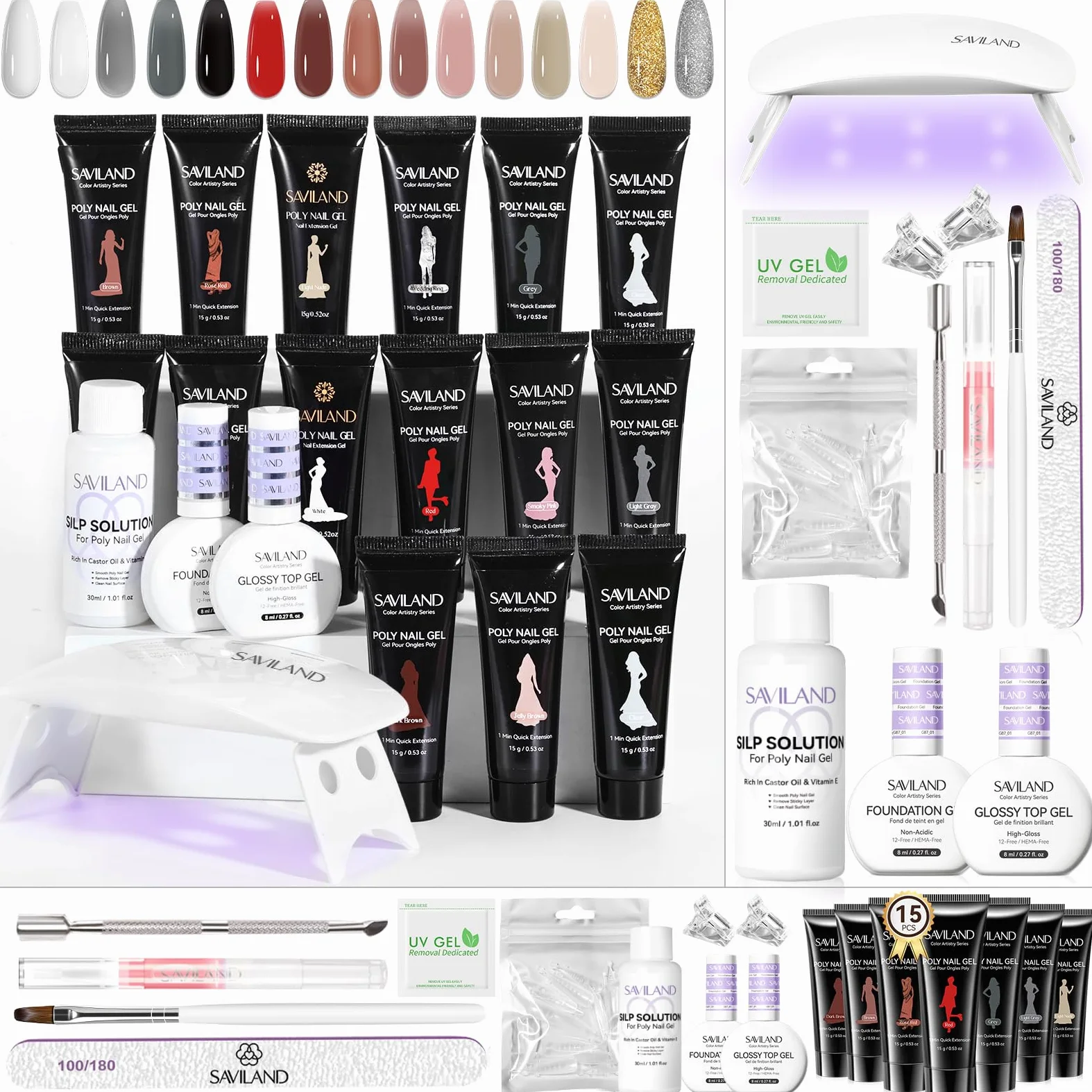 SAVILAND Kit Unghie Gel Completo 15 Colori 15g Polygel per Unghies con Lampada U V e Slip Solution, Kit Ricostruzione Unghie Professionale con Base y Top Coat Adatta per l'autunno e l'inverno