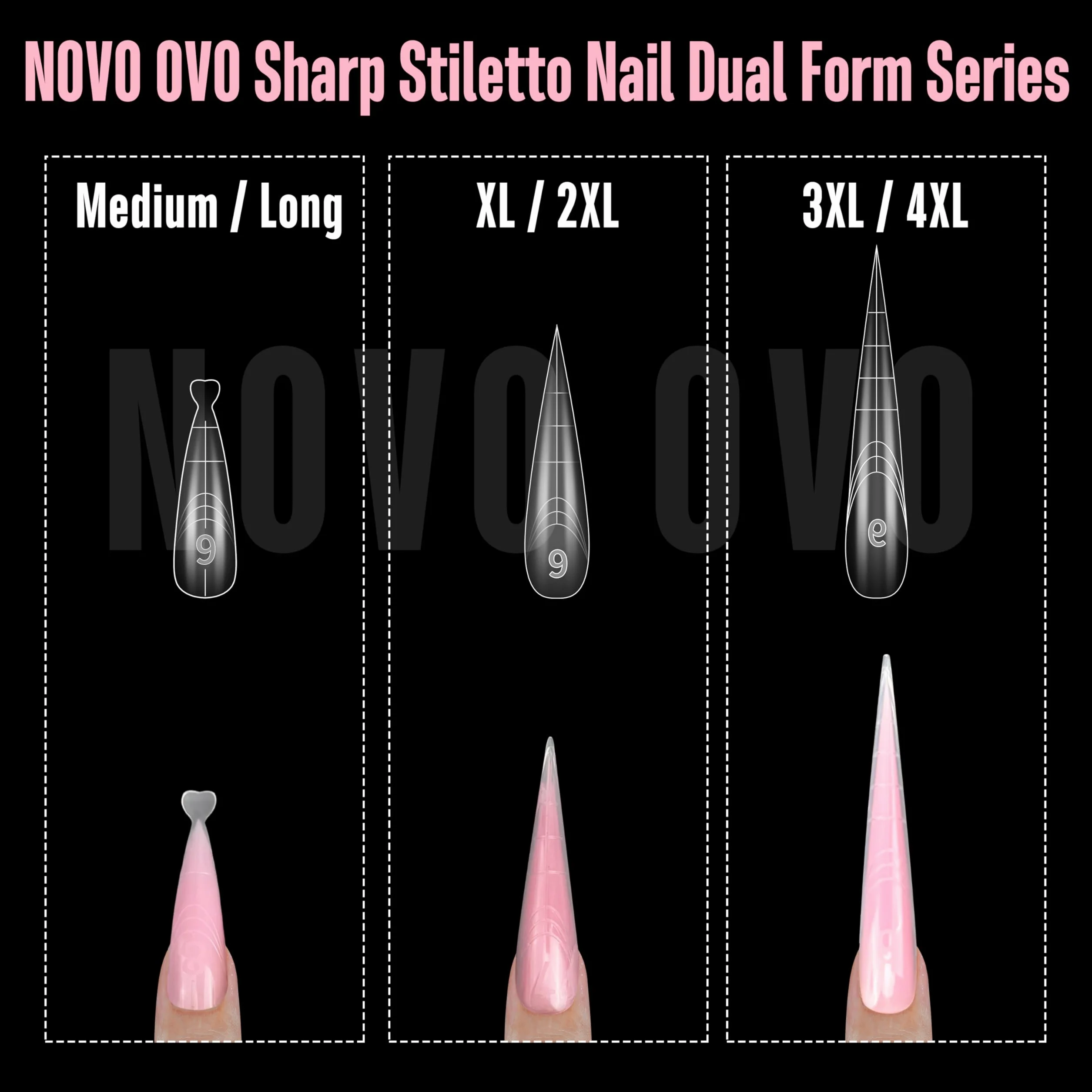 NOVO OVO Extra Long XXL - Confezione da 280 stampi per manicure fai da te, in acrilico riutilizzabile