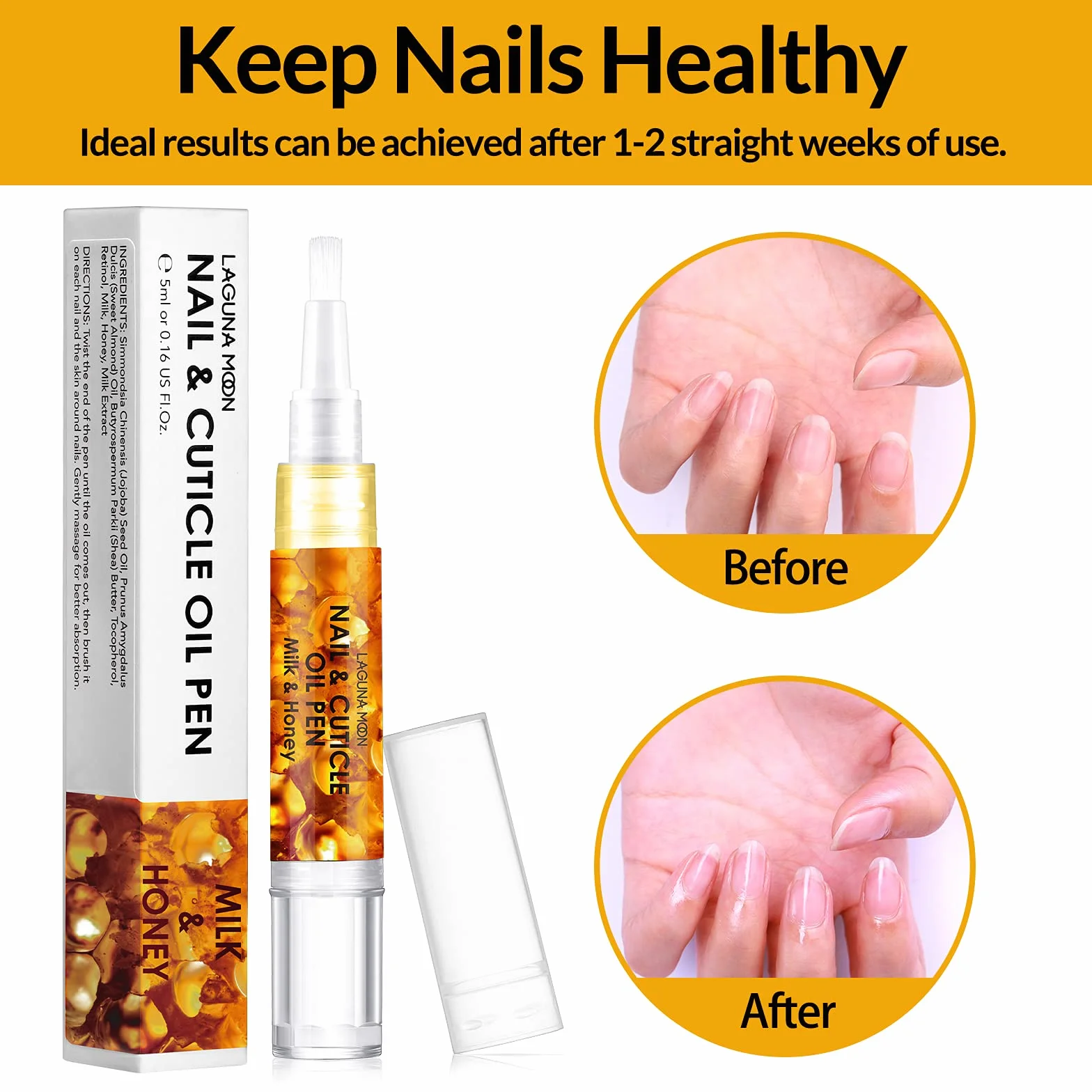 Lagunamoon - Penna a olio per cuticole per la cura delle unghie, 5 ml, con ingredienti naturali per idratare e nutrire unghie, per prevenire screpolature delle unghie, nocciole, latte e miele