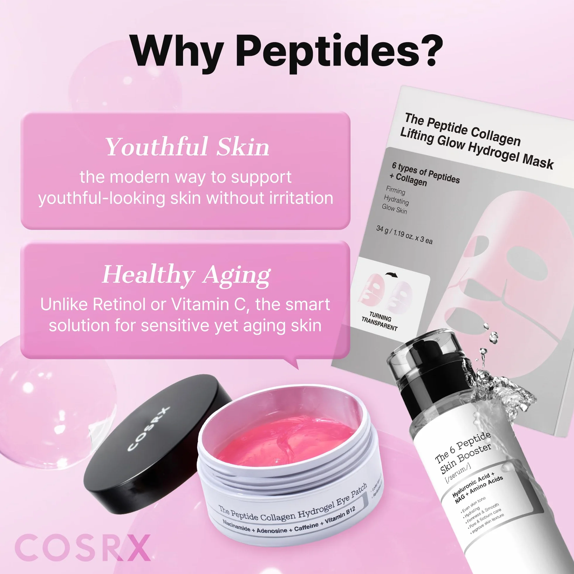 COSRX Peptide Collagen Hydrogel Eye Patch, 60 Patches, Patch Contorno Occhi per Borse e Occhiaie con Caffeina, Korean Skincare