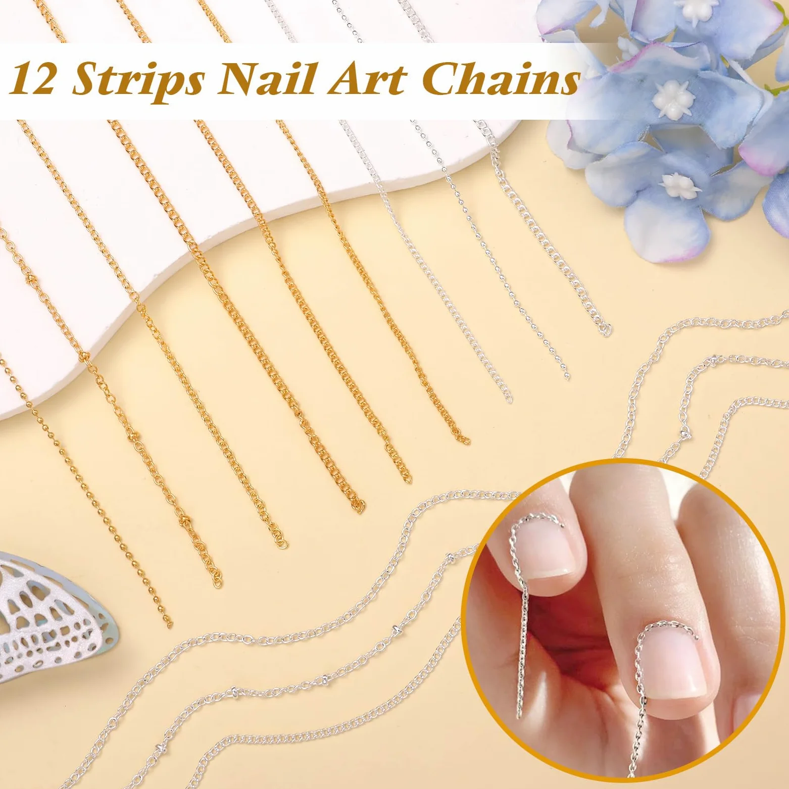 12 strisce di catene per nail art e perline in metallo per unghie (argento + oro) per nail art acrilica, catene dorate, piccole gemme rotonde per manicure fai da te accessori