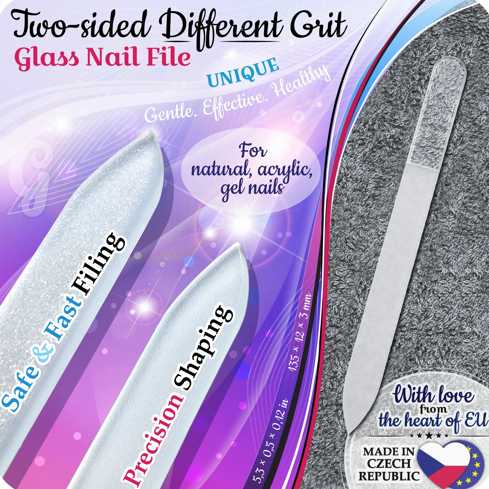 Set Lime per Unghie in Vetro Ceco - Lima per Rimozione Calli, Spingi Cuticole di Precisione, Doppia Superficie a Grana Diversa, Manicure e Pedicure, Cura Delle Unghie e Nail Art Professionale