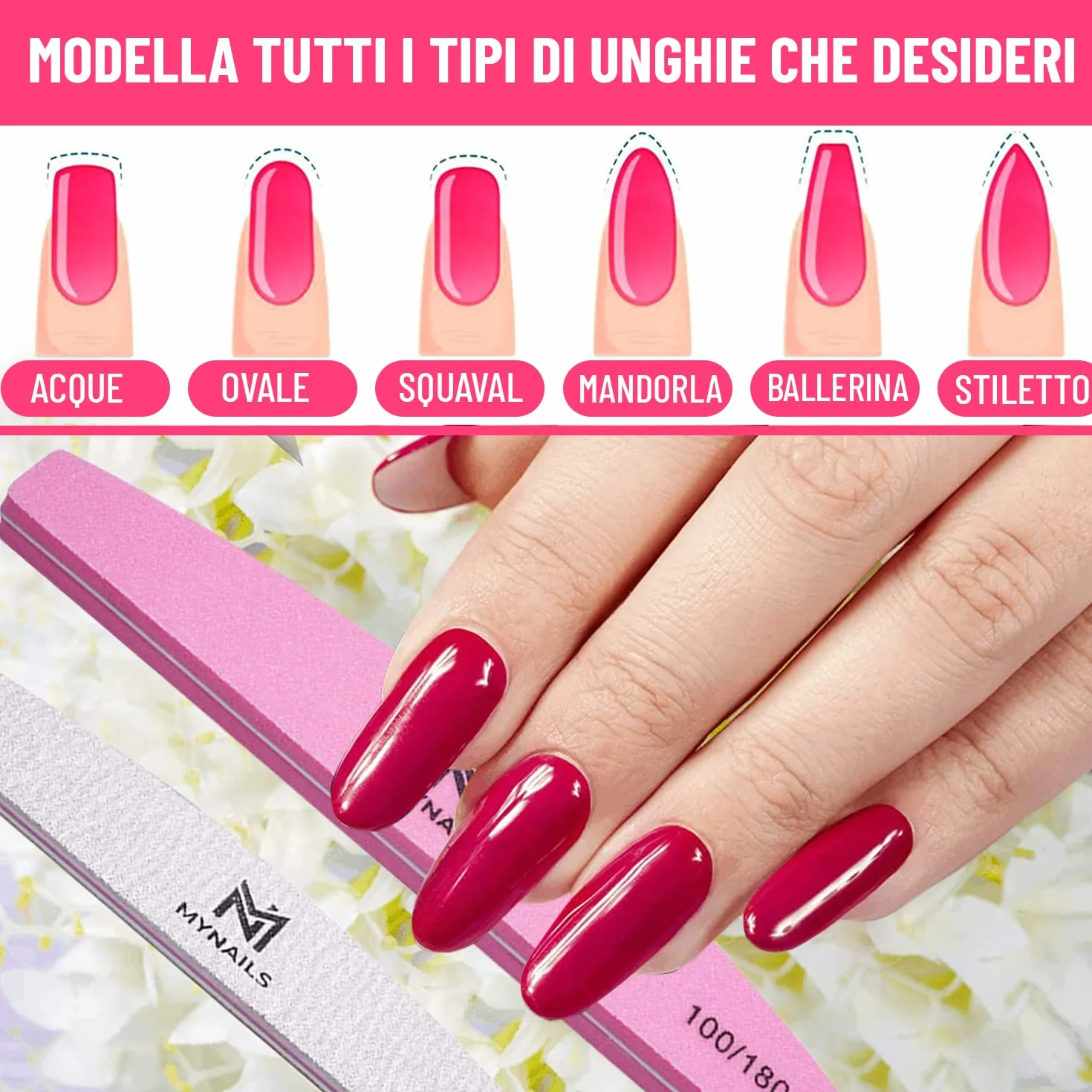 MYNAILS - Lima professionale per unghie, set di 5, 2 lime per unghie mezza luna 100/180, 2 buffer unghie bianche 180/180 e 1 lime per unghie Buffer mezzaluna rosa e bianco 100/180, confezione