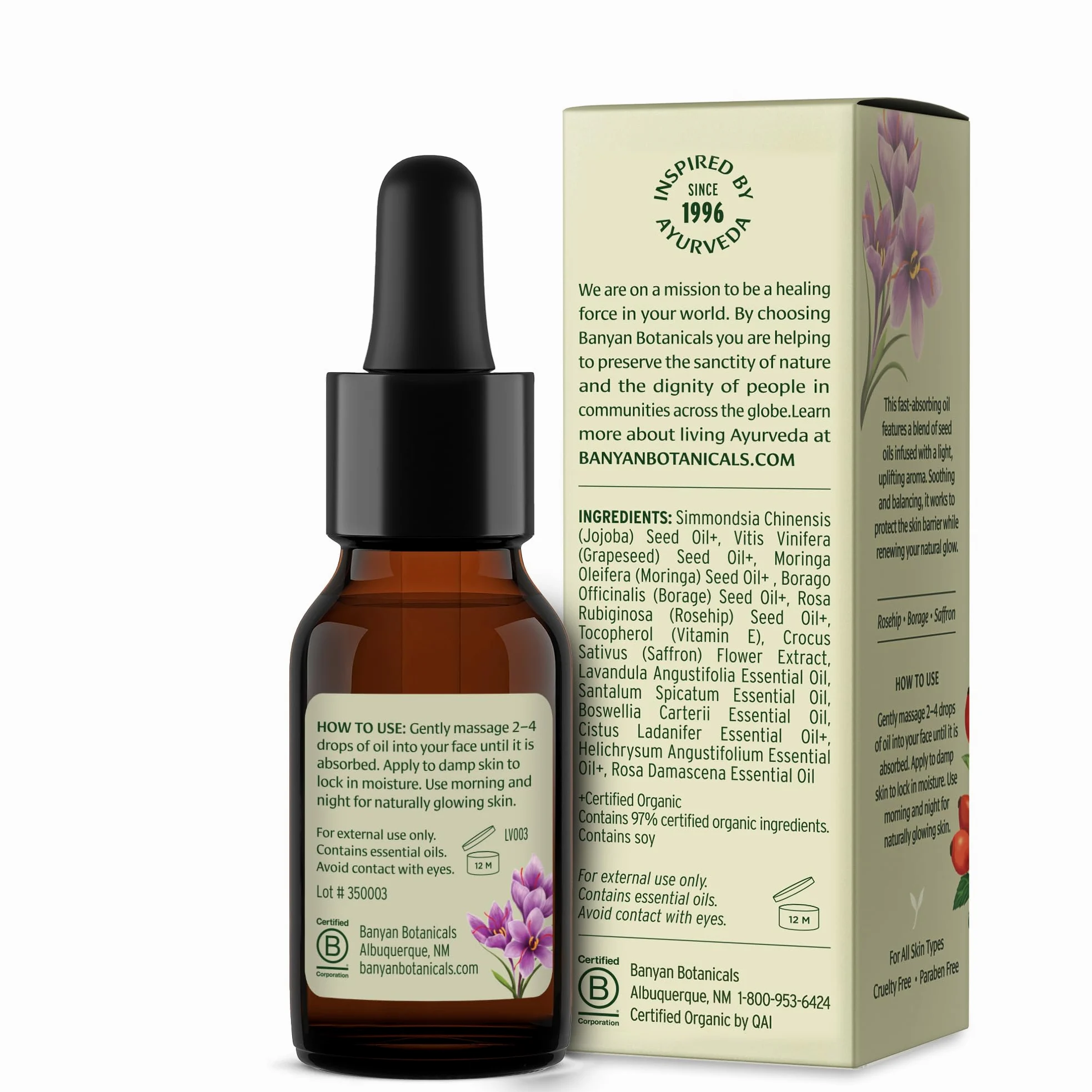 Banyan Botanicals Olio viso – Lussuoso olio viso ayurvedico – Cura della pelle pulita con olio di rosa canina e olio di jojoba per una pelle brillante – 14 g – senza OGM, senza cruelty