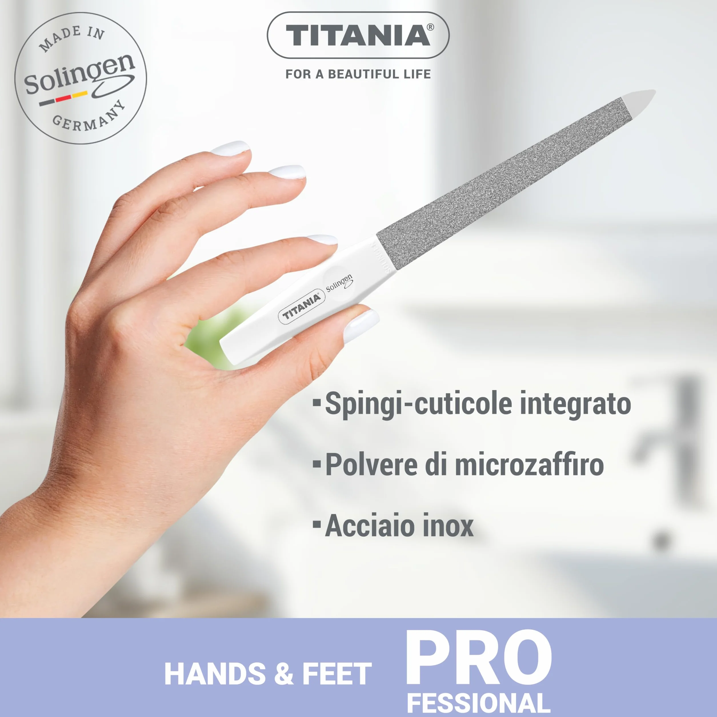 TITANIA® Solinger Saphir - Set di 4 lime per unghie professionali (12/15/17/20 cm) con manico bianco - Lima per unghie e unghie naturali - Lime di alta qualità per manicure e pedicure