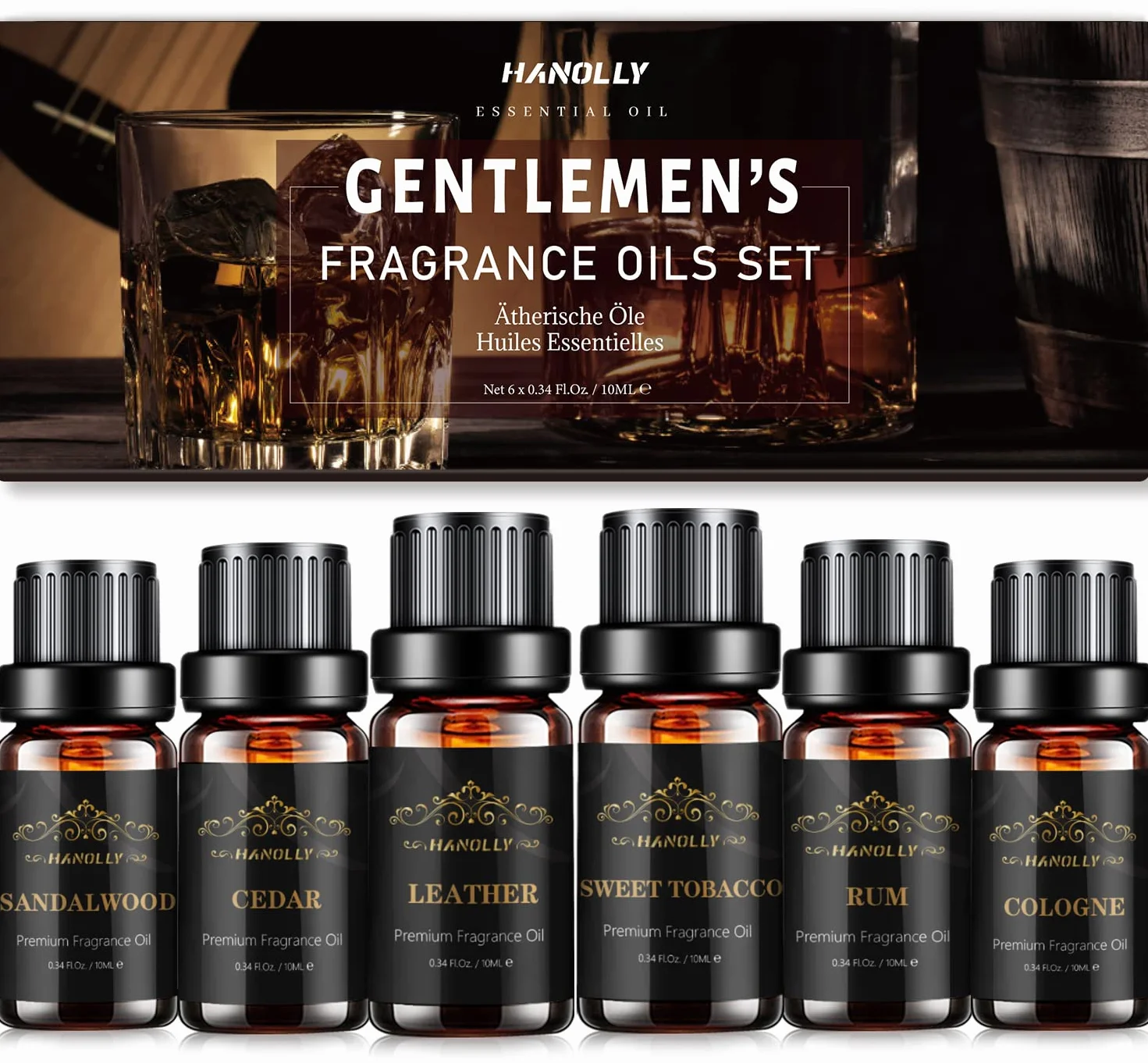 HANOLLY Oli Essenziali per Diffusori Uomini 6x10 ml, Olio Essenziale Naturali per Candele Fai da Te Aromaterapia Profumo Casa Massaggio, Legno Di Sandalo, Cedro, Tabacco Dolce, Rum, Colonia, Pelle
