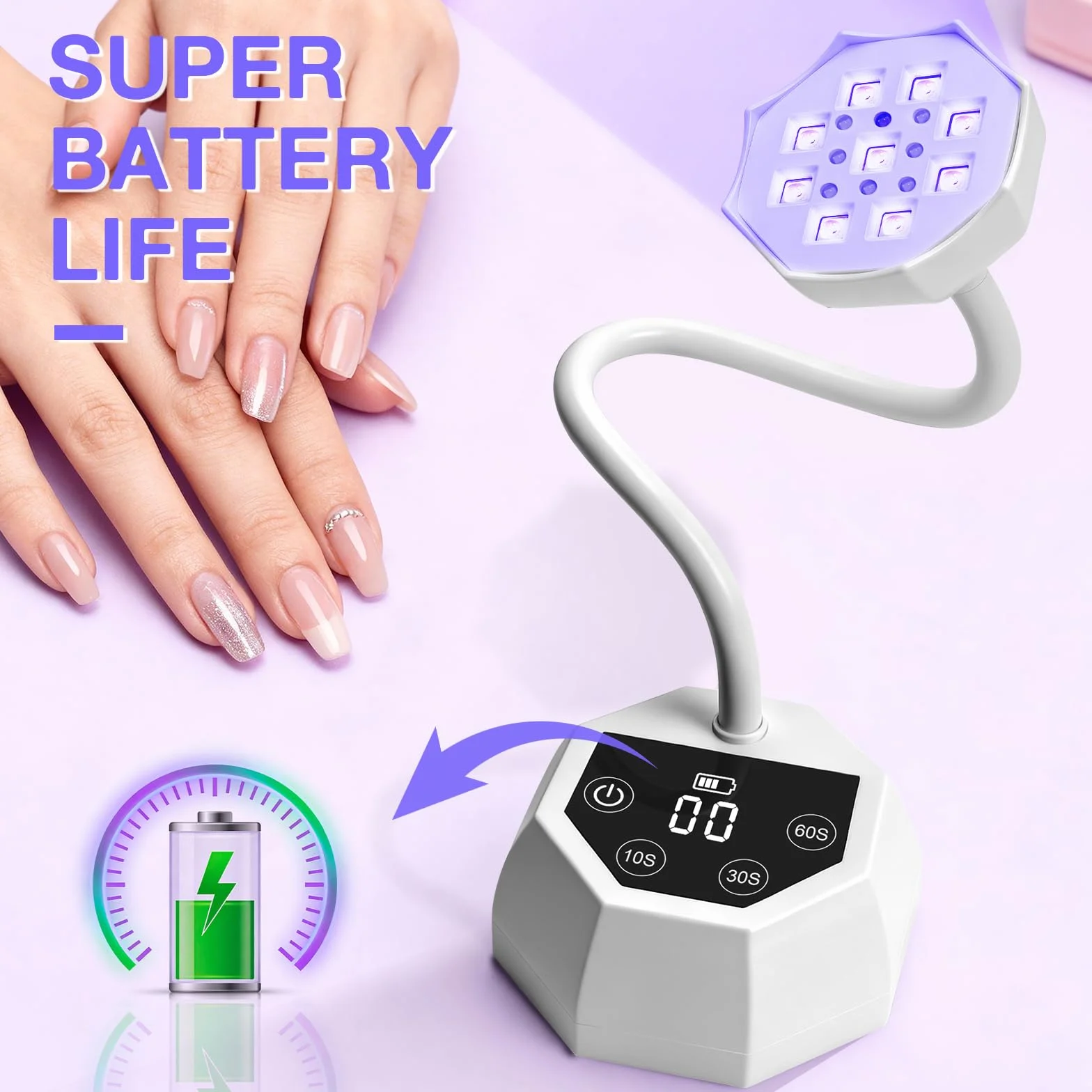 Lampada UV LED per Unghie Weiße Lotus - Sensore Intelligente 48W 365+395nm, Ricaricabile 1500mAh, Collo d'Oca Flessibile, Garanzia 365 Giorni