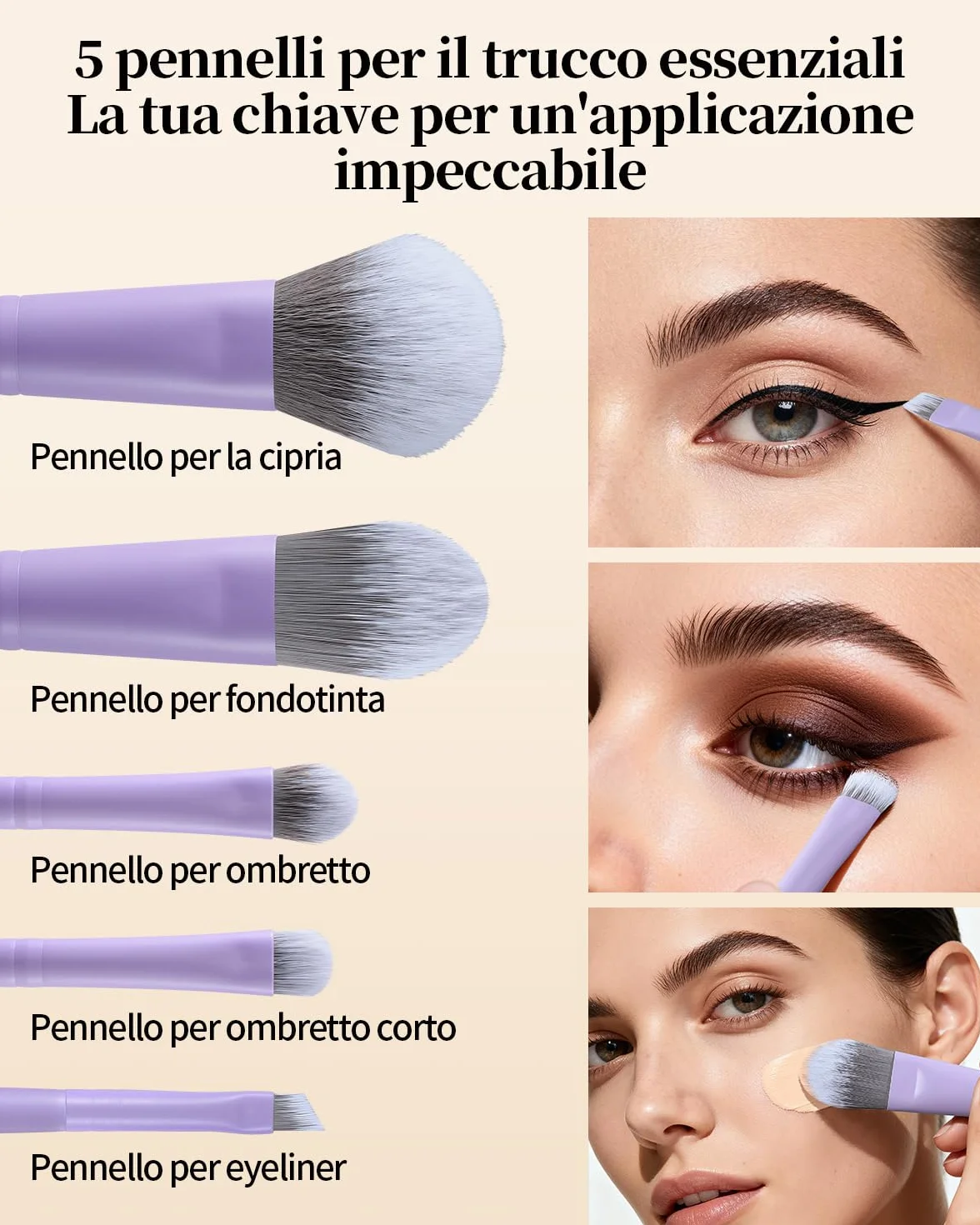 EIGSHOW Set di 5 pennelli da trucco con setole infuse agli ioni d'argento, pennelli da trucco professionali essenziali per il viso completo, per cipria, fondotinta, ombretto, eyeliner, correttore