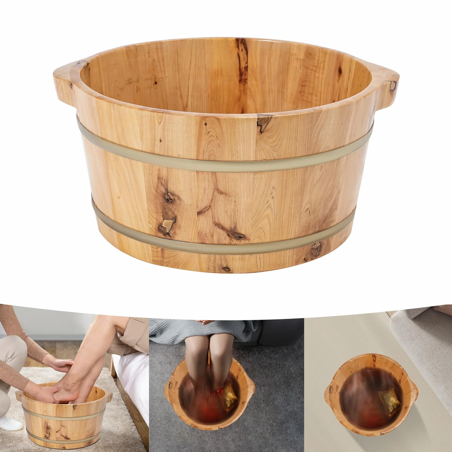 Vasca da bagno per piedi in legno di cipresso di alta qualità, spazio sufficiente (38 x 38 x 20 cm), per famiglia, pediluvio dei piedi, colore legno