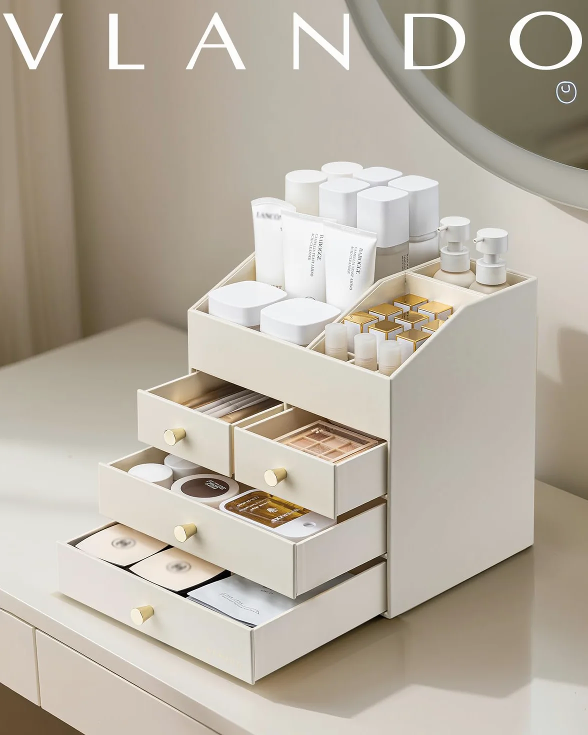 VLANDO Organizer per trucchi con 4 cassetti, grande organizer da tavolo da | Organizer per profumi, per la cura della pelle, accessorio da toeletta per rossetto, regalo, beige