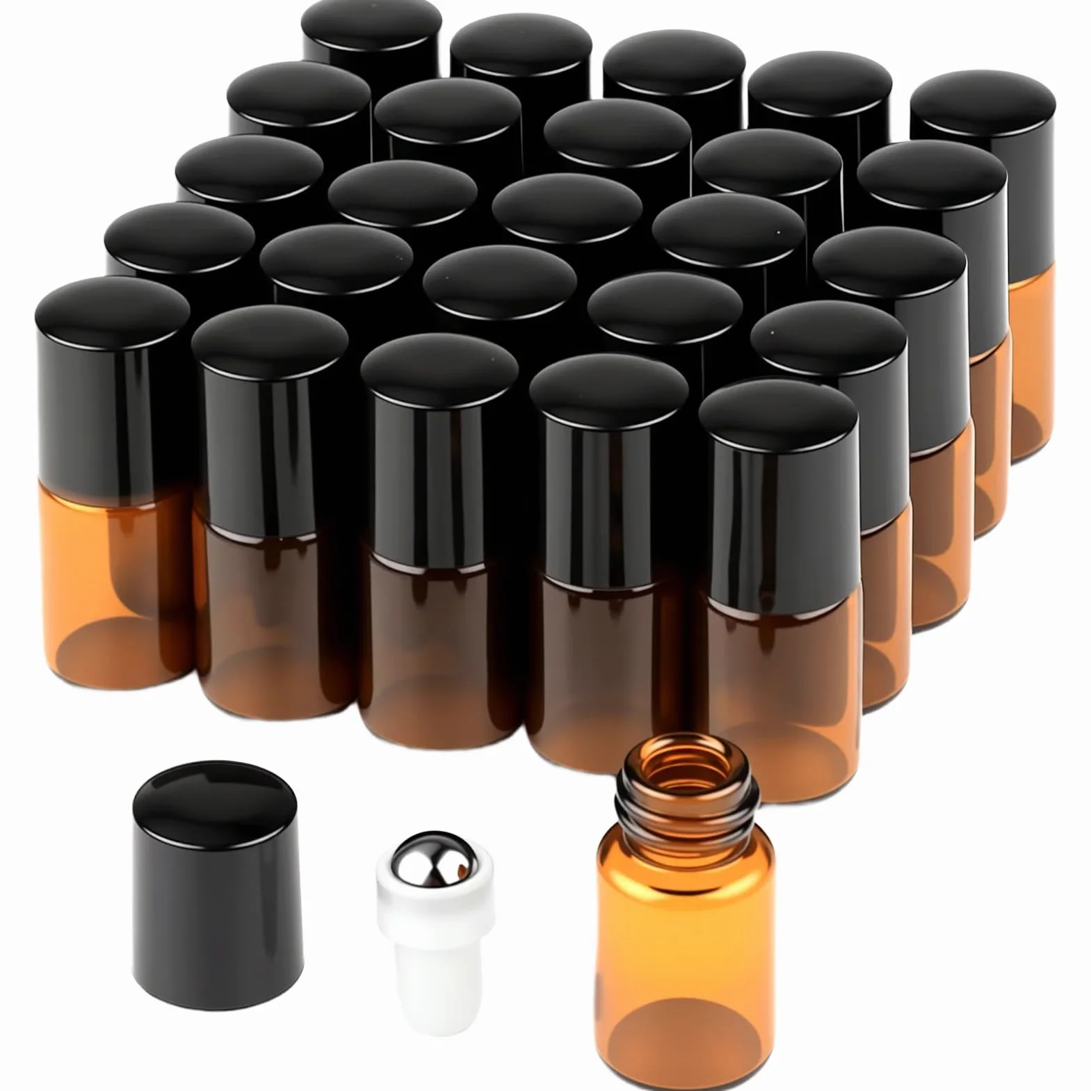 52 pezzi Mini bottiglie Rulli Marrone Vetro, 2ml Rotolo Bottiglie Vetro con palle Rulli in acciaio inossidabile, Bottiglia Rulli Ambra,2ml Roll on Vuoto, per oli, miscele