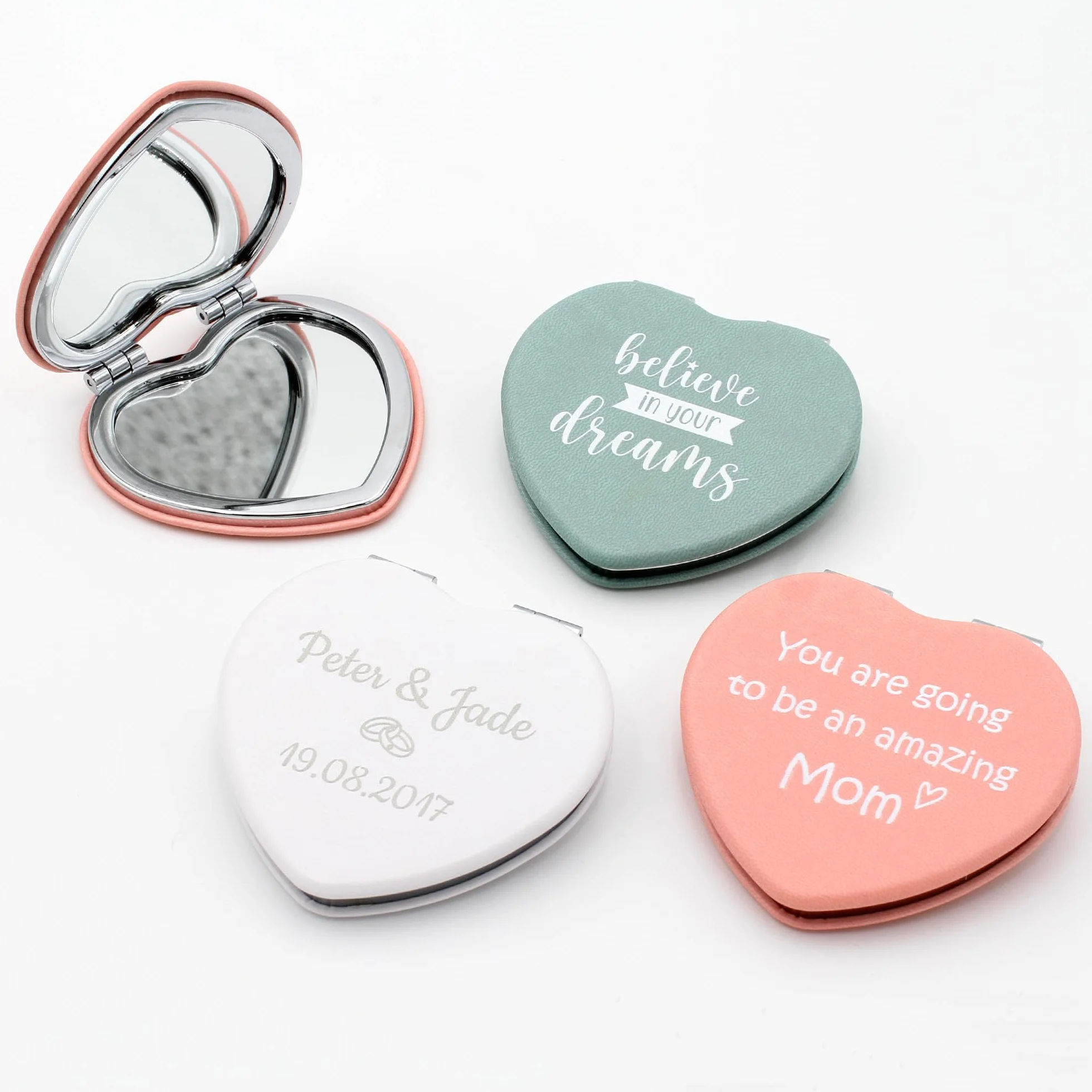 Specchietto Compatto Cuore Personalizzato Mirror Specchio Trucco da Borsa con Testo Rosa