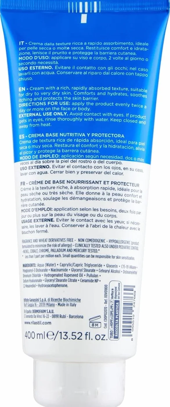 Rilastil Crema Base, Crema Idratante per Viso e Corpo, Senza Profumo, per Pelle Secca e Molto Secca, Adatta a Tutta la Famiglia, 400 ml