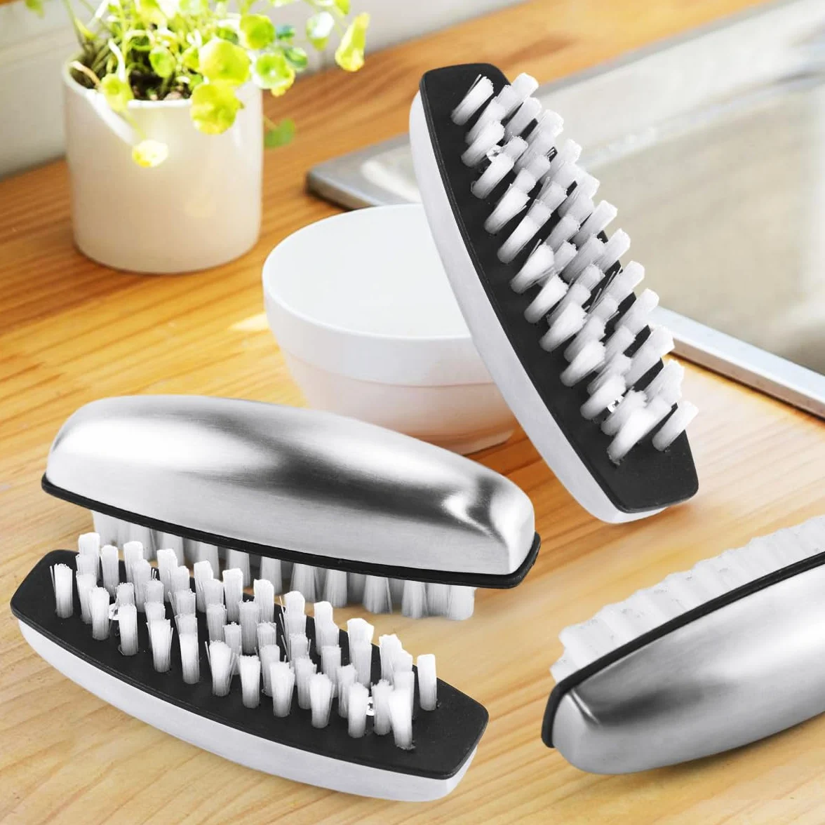 Spazzolino per Unghie Mani Inox 4 Pezzi Kit, Spazzola Setole Dure Lavaggio 2 in 1