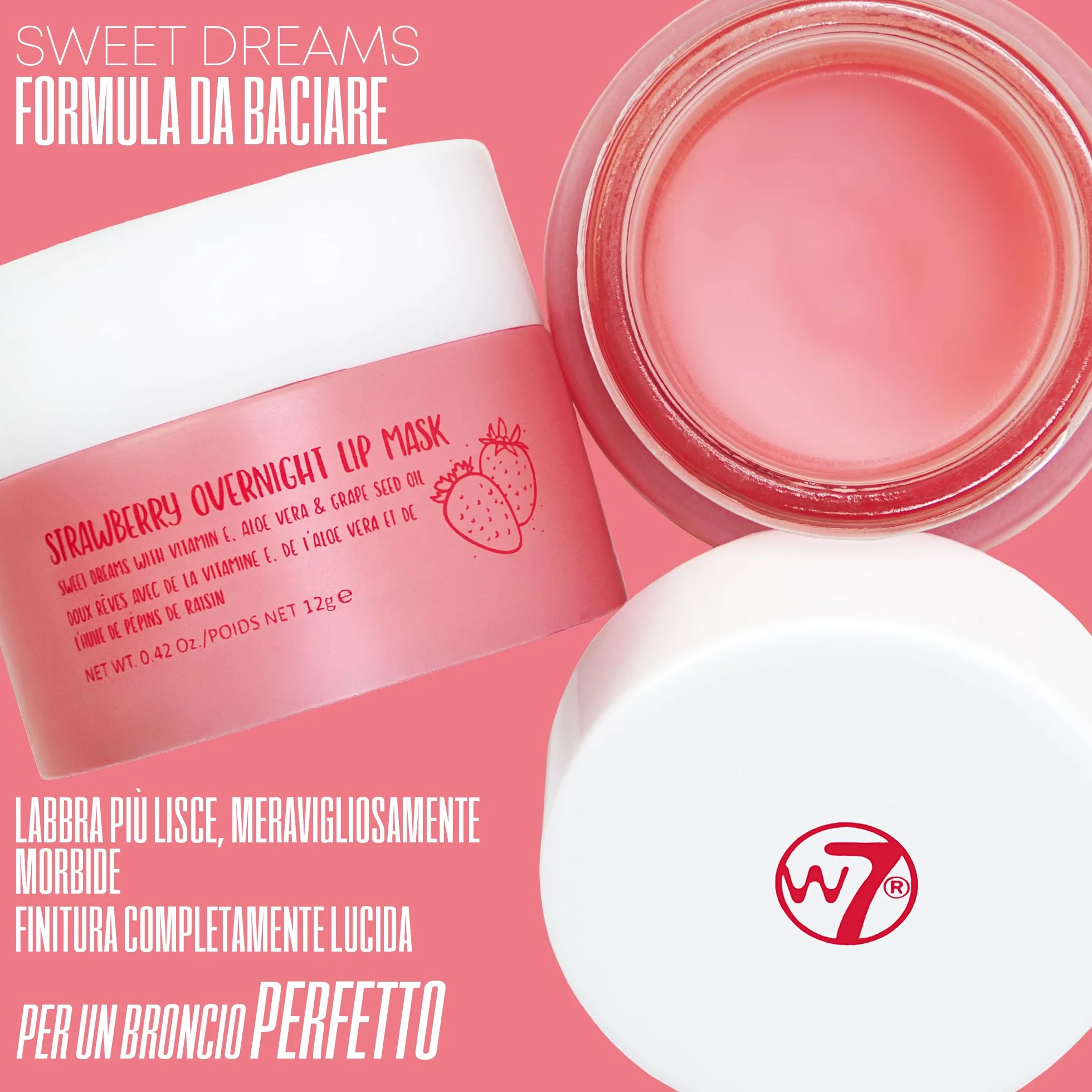 W7 Maschera Labbra Notte Sweet Dreams alla Fragola - Vitamina E, Aloe Vera e Olio di Semi d'Uva - Per labbra idratate, carnose e irresistibili