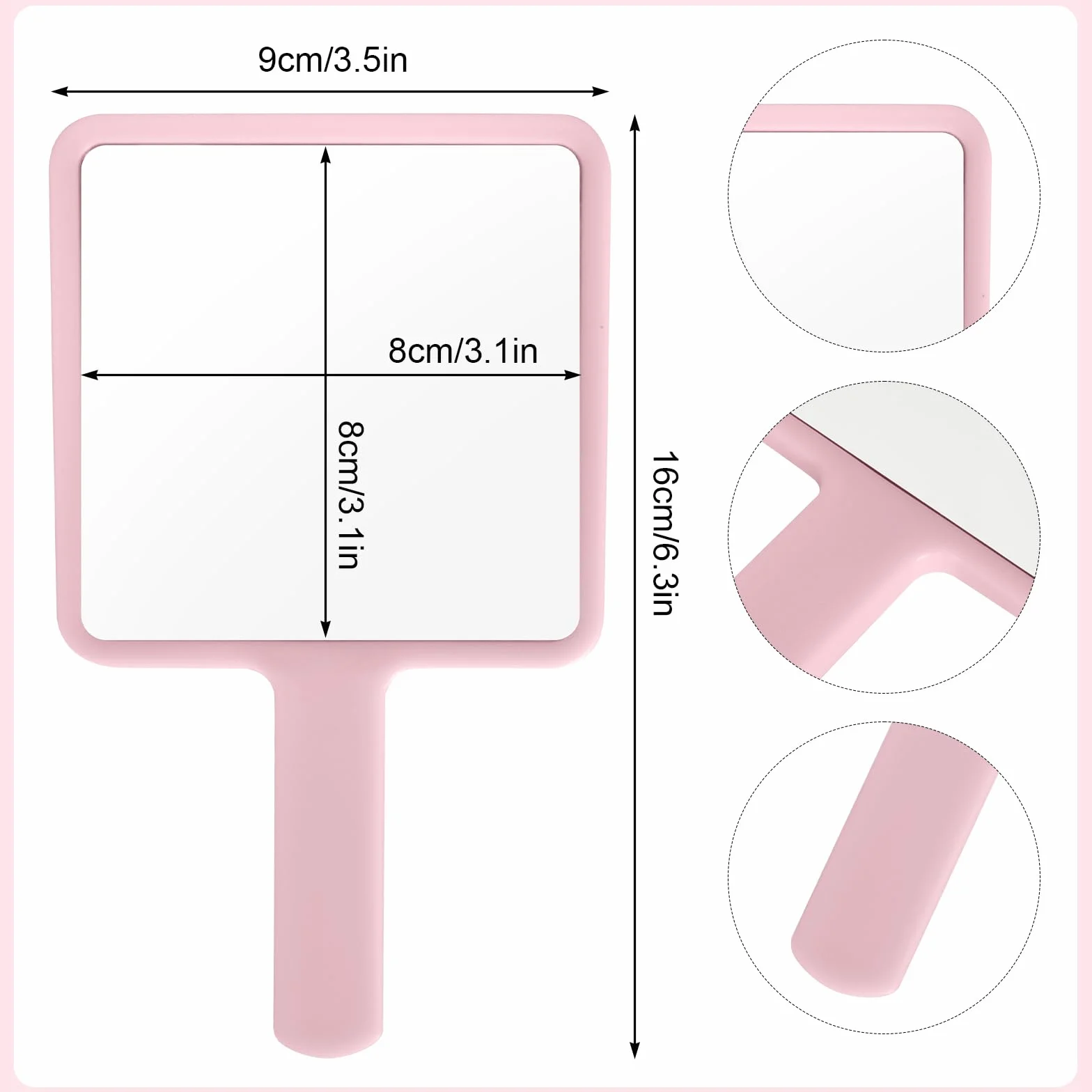 Naapesi Specchio a Mano,Specchio Trucco Portatile con Manico,Specchio Cosmetico Quadrato,Specchietto Dentista,Specchio Barbiere con Comoda Maniglia,Perfetto per Radersi o Applicare il Trucco (Rosa)