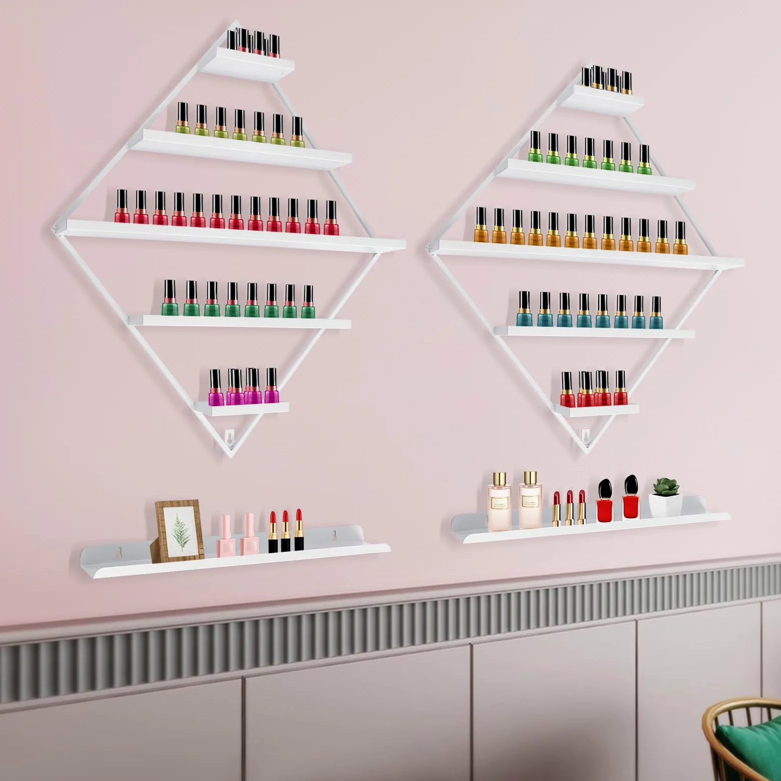 Scaffale per smalti in metallo a forma di diamante, organizzatore per smalto per unghie, oli essenziali, rossetto (bianco)
