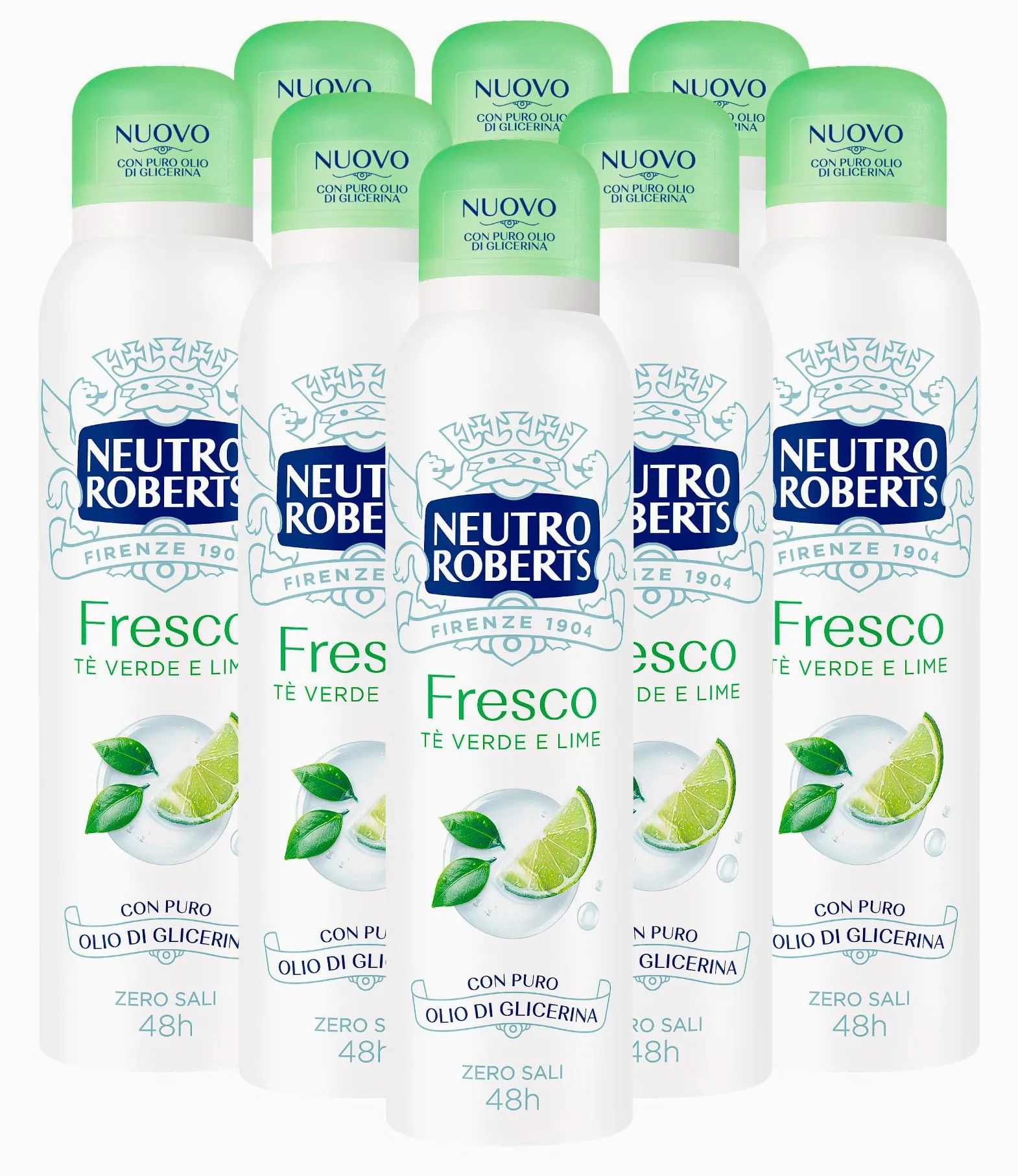 Neutro Roberts Deodorante Spray Fresco Tè Verde e Lime 48h Senza Sali di Alluminio per la Naturale Traspirazione della Pelle Formula Senza Polveri Non Lascia Macchie sui Vestiti - 8 Flaconi da 150ml