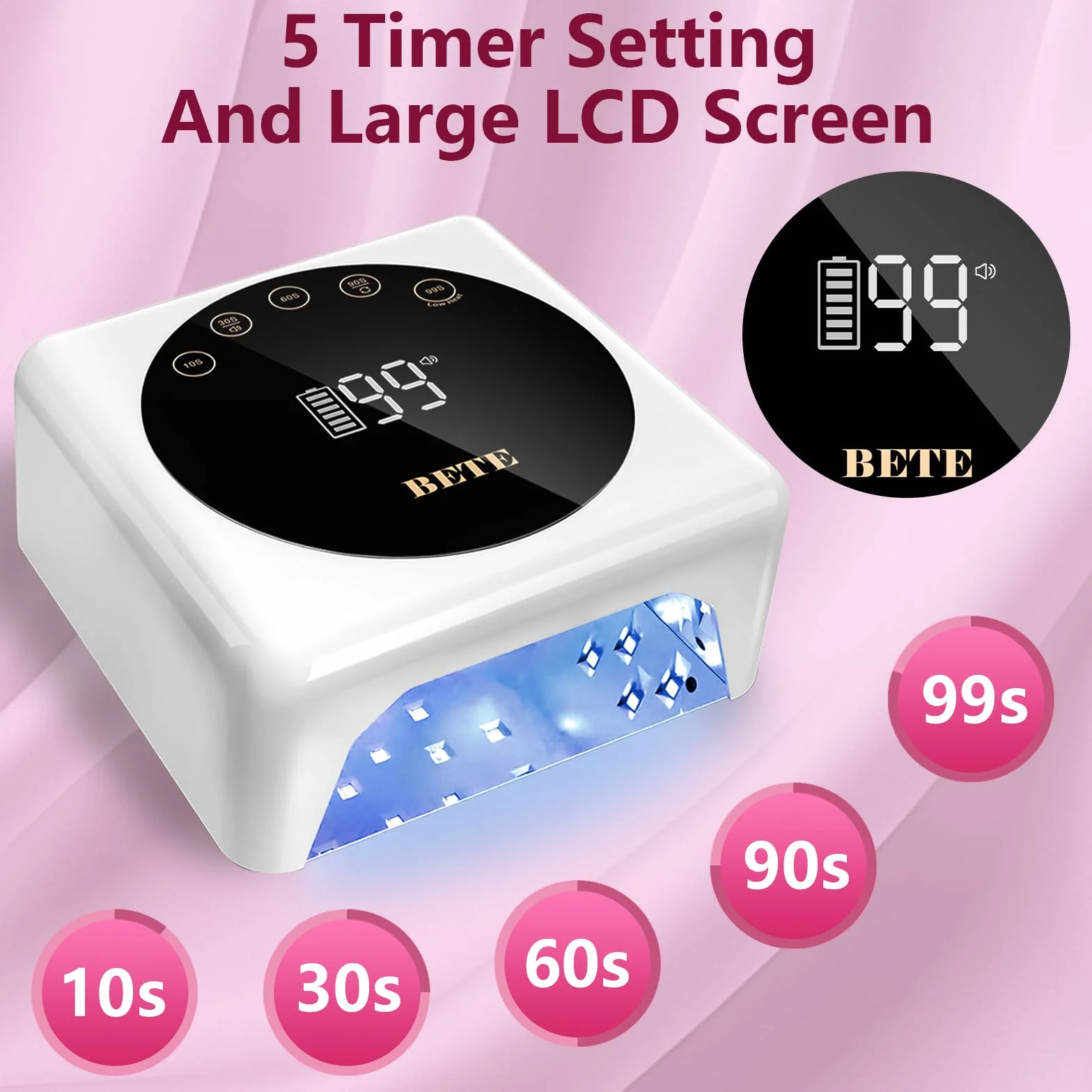 BETE Lampada per unghie a LED senza fili, UV ricaricabile da 78 W, con sensore a infrarossi e display LCD, asciuga unghie portatile con 5 impostazioni di timeout (Bianco)