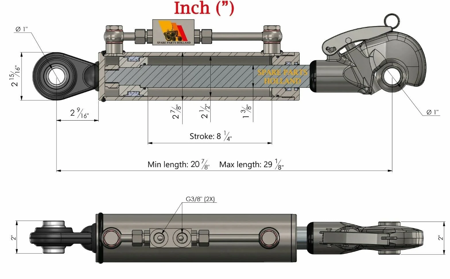 Terzo punto idraulico trattore CAT 2 ganci 20 7/8" - 29 1/8" corsa bloccaggio tubi stroke 8 1/4"