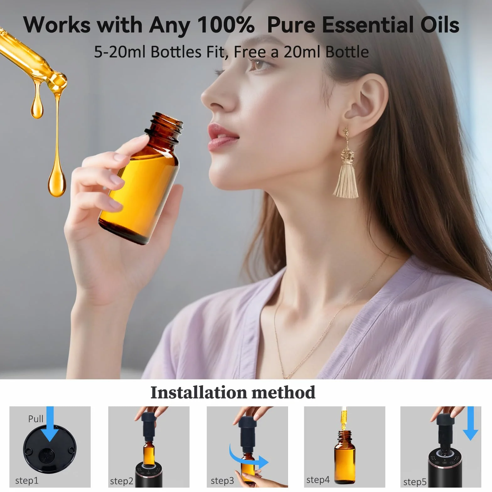 Diffusore oli essenziali per Auto Ufficio Casa Mini Aroma Batteria 4 Timer 3 Livelli Nebbia Argento