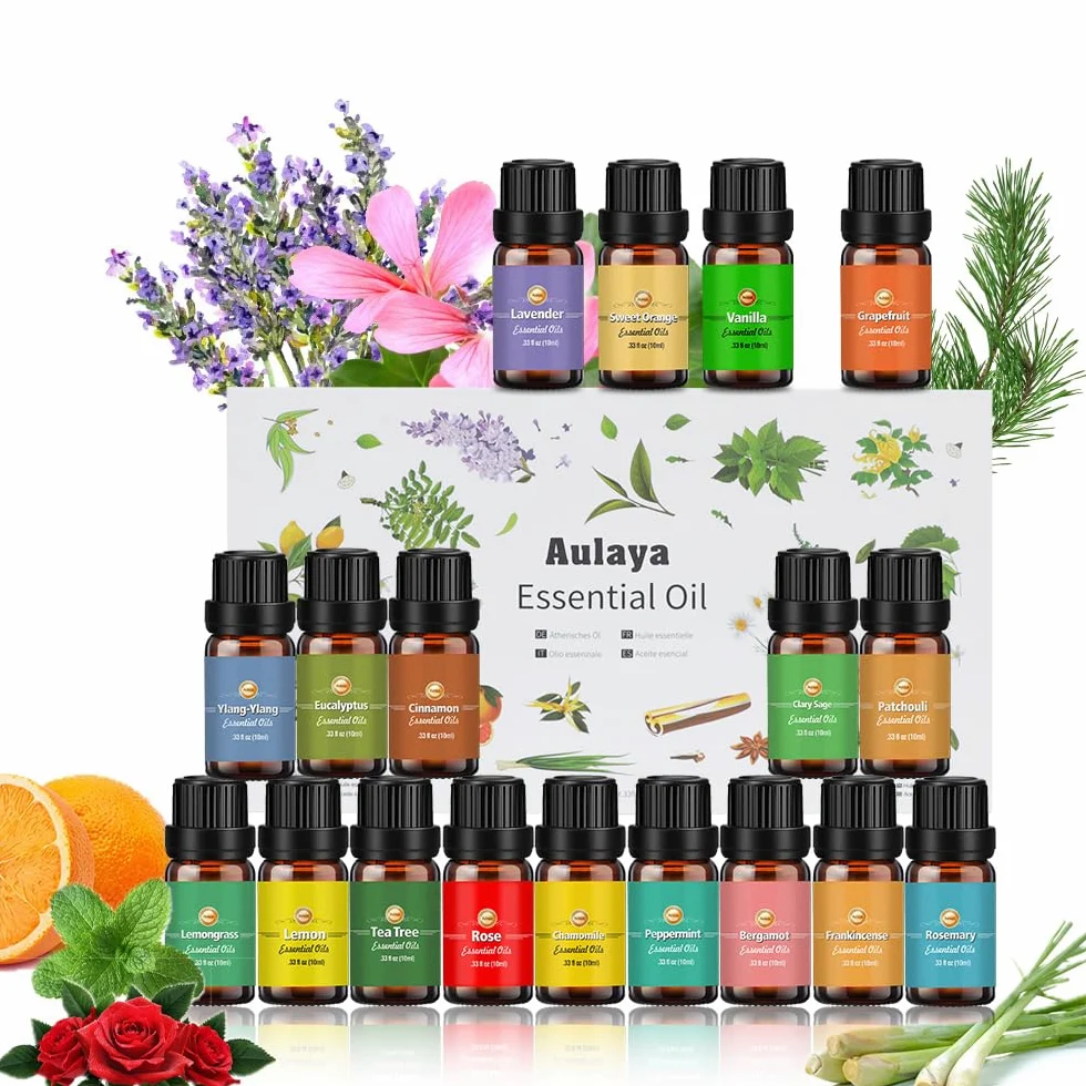 Oli Essenziali per Diffusori, Set di olio essenziale 18 x 10 ml, Essenze Naturali,Tea Tree Lavanda Rosmarino Eucalipto Ylang-ylang Incenso Citronella Arancia Menta Limone Bergamotto