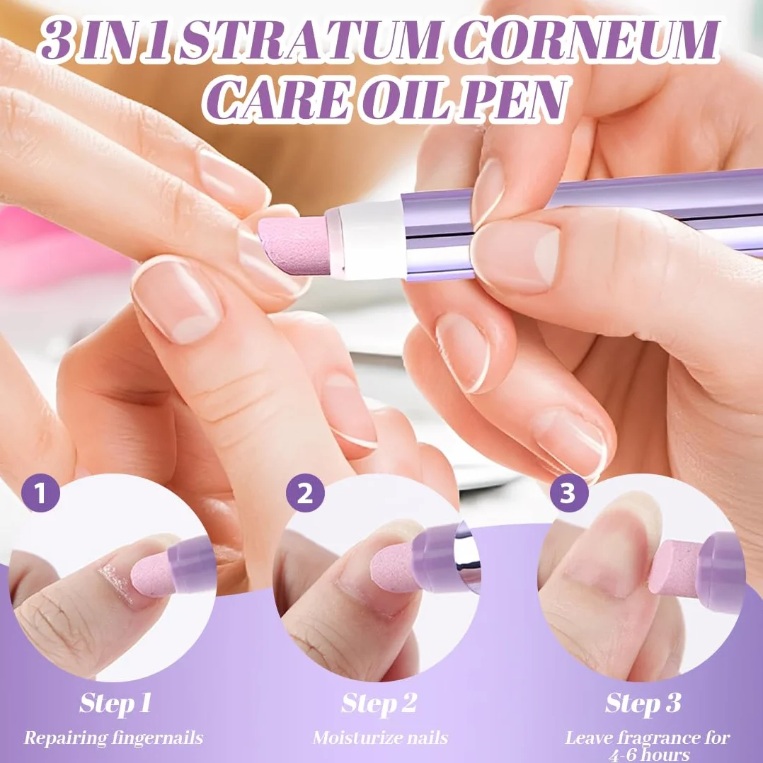 3-in-1 Penna per l'olio per cuticole, penna per olio per le cuticole pusher con punta in ceramica, penna per rimuovere cuticole idratante e illuminante, per unghie secche e stressate