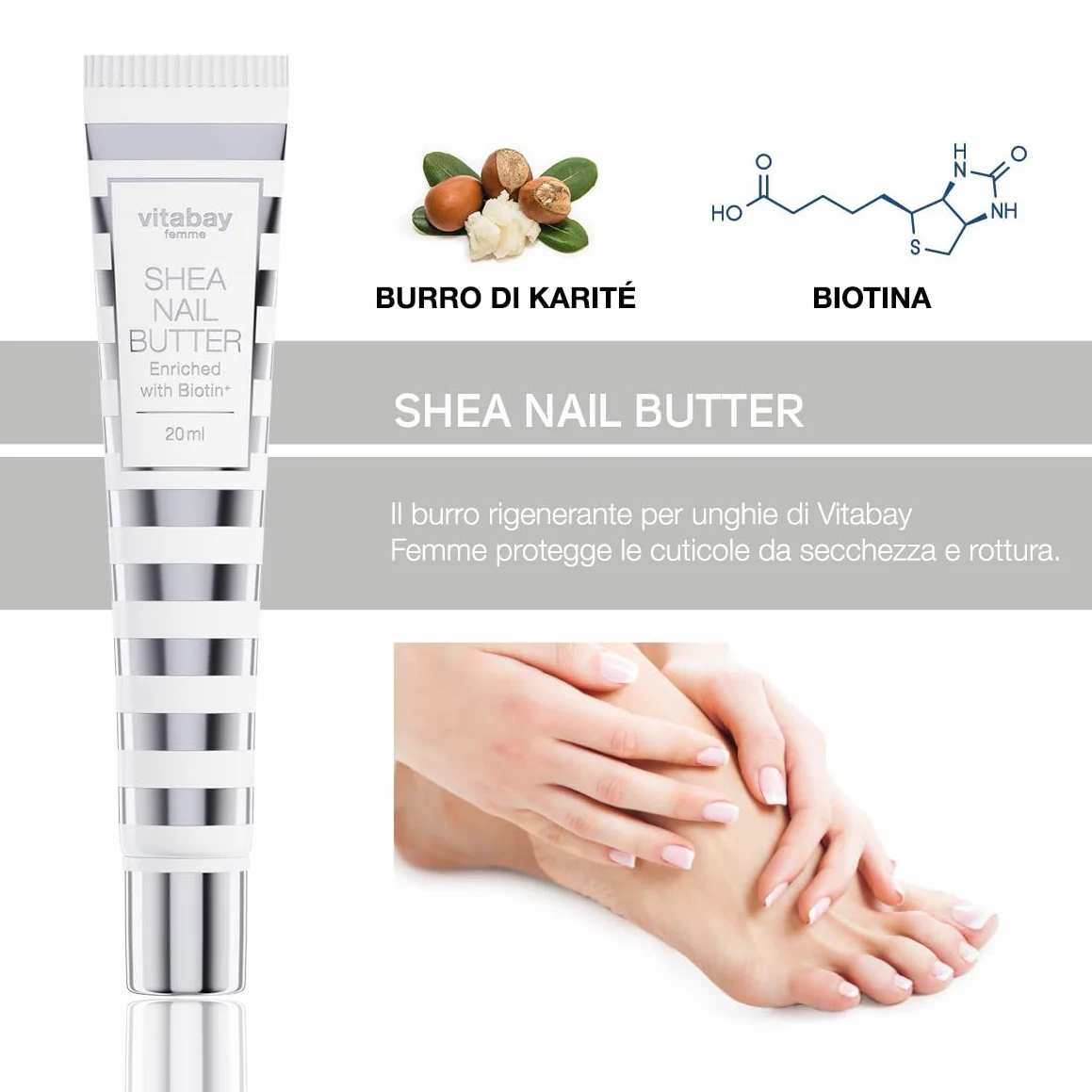 vitabay Shea Nail Butter, crema per unghie con biotina/vitamina H e burro di karitè contro unghie fragili e cuticole secche e screpolate, Burro Di Karité Per Le Unghie, 20 ml (confezione da 1)