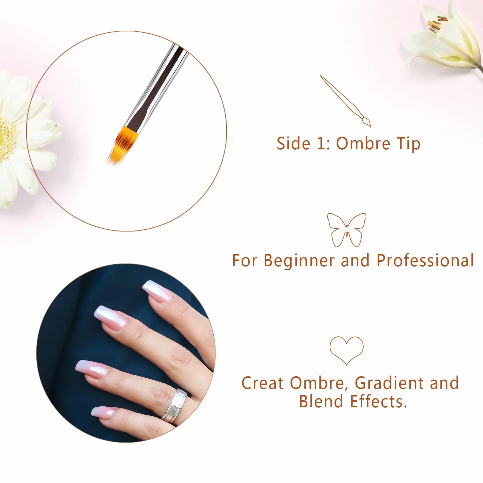 Pennelli Unghie Gel Ombre/French Professionali con Tappo Penna per Nail Art Semipermanente, LEA-SHALL Pennello Doppia Estremità 2 Teste Ombre/Francese Pennellino Ricostruzione Set