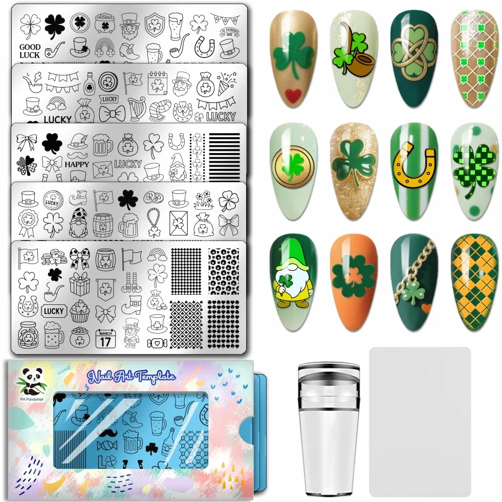 PH PandaHall 5 piastre per stamping per unghie di San Patrizio Lucky Shamrock Nails modelli artistici arcobaleno gnomo unghie immagine timbro trifoglio cappello unghie stencil arte per stampa fai da