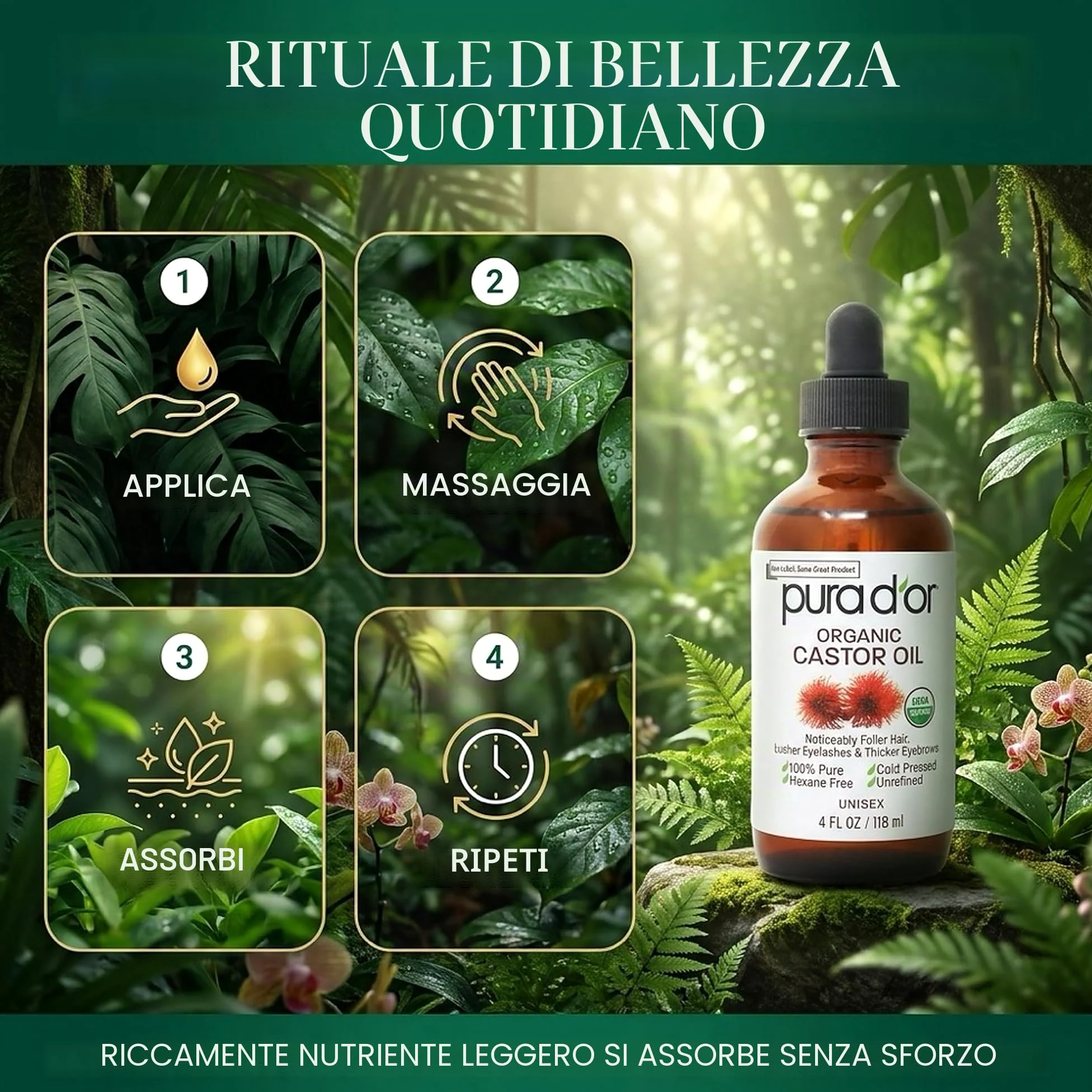 Pura D'Or Olio di ricino (118 ml) 100% puro olio naturale per crescita di peli, sopracciglia, ciglia Olio senza esano pressato a freddo per idratare e curare la pelle secca