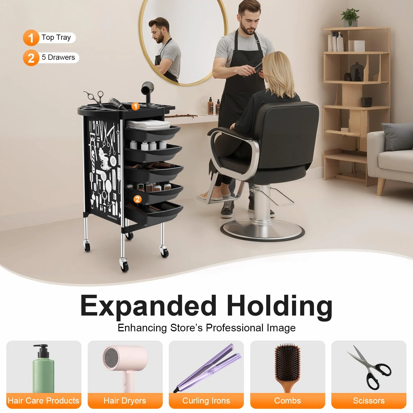 Carrello da parrucchiere con 5 cassetti, pieghevole, per salone e salone di unghie, in materiale PP, portata 80 kg, 36 x 90 cm, colore nero