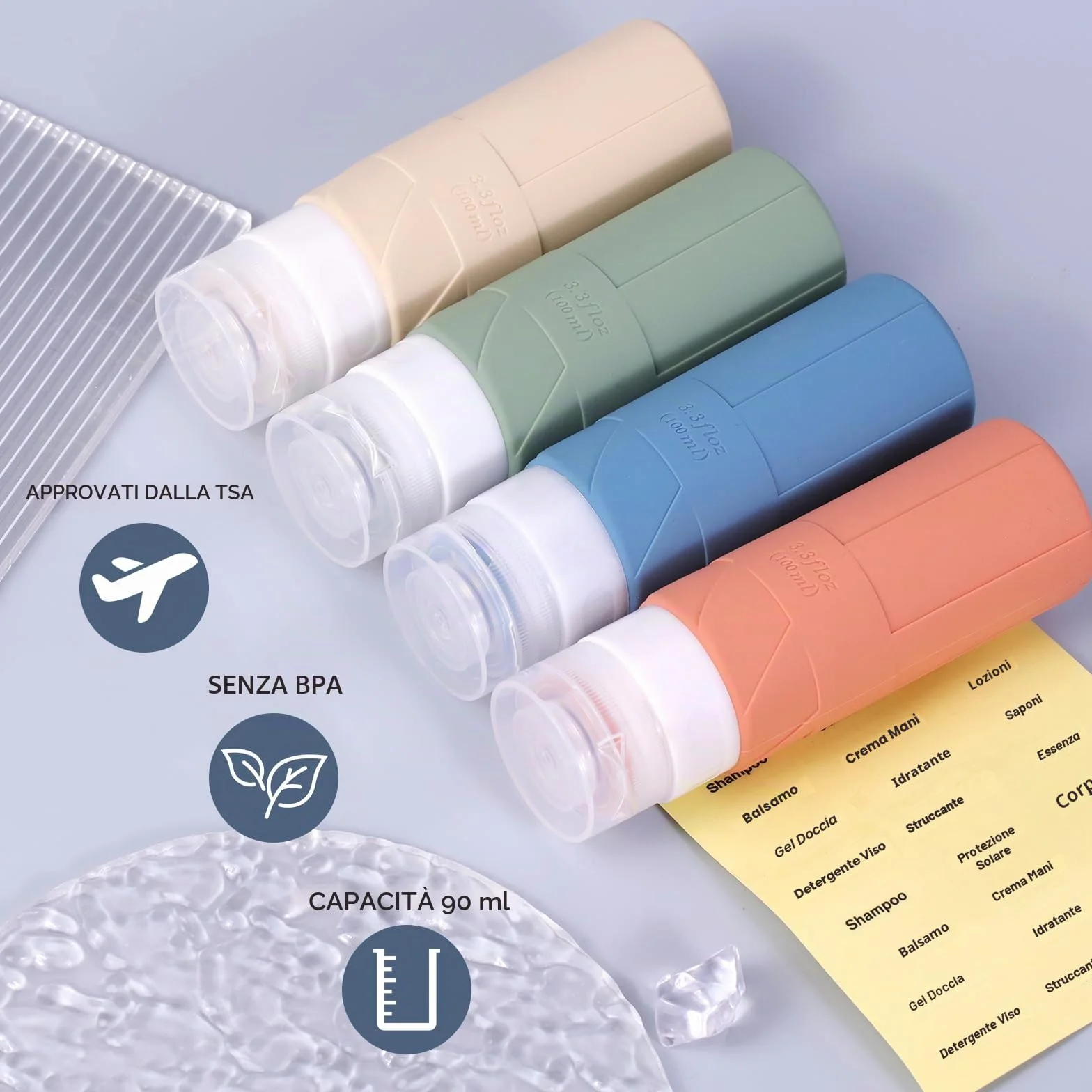 FADVAN Set Contenitori da Viaggio per Liquidi - 4pcs Flaconi da Viaggio in Silicone 100 Ml - Boccette per Porta Profumo,Doccia Shampoo,Detersivo, Accessori Utili (Morandi)