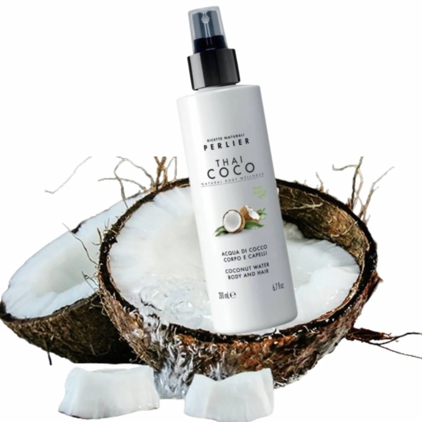 Perlier, Acqua Corpo e Capelli Thai Coco, Idrata e Profuma con la Freschezza dell’Acqua di Cocco, Senza Alcool e Ideale Anche al Sole, un sogno Tropicale per Pelle e Capelli, 200 ml