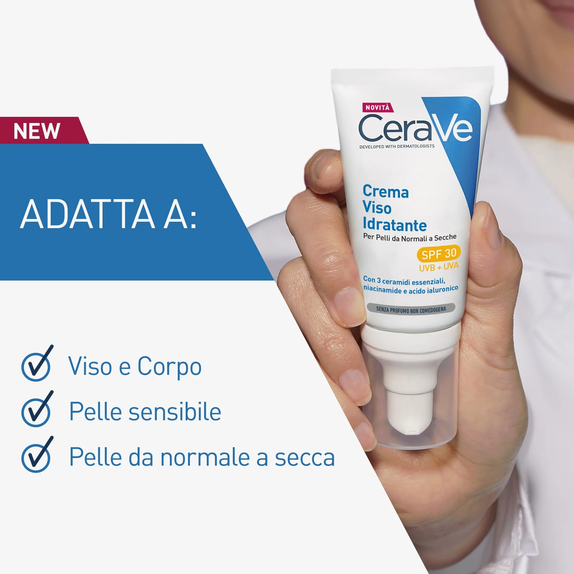 CeraVe Crema Idratante Viso SPF 30, Per Pelli da Normali a Secche, Idratazione Profonda, Ad Assorbimento Rapido, Con Protezione Solare SPF 30 e Acido Ialuronico, 52 ml