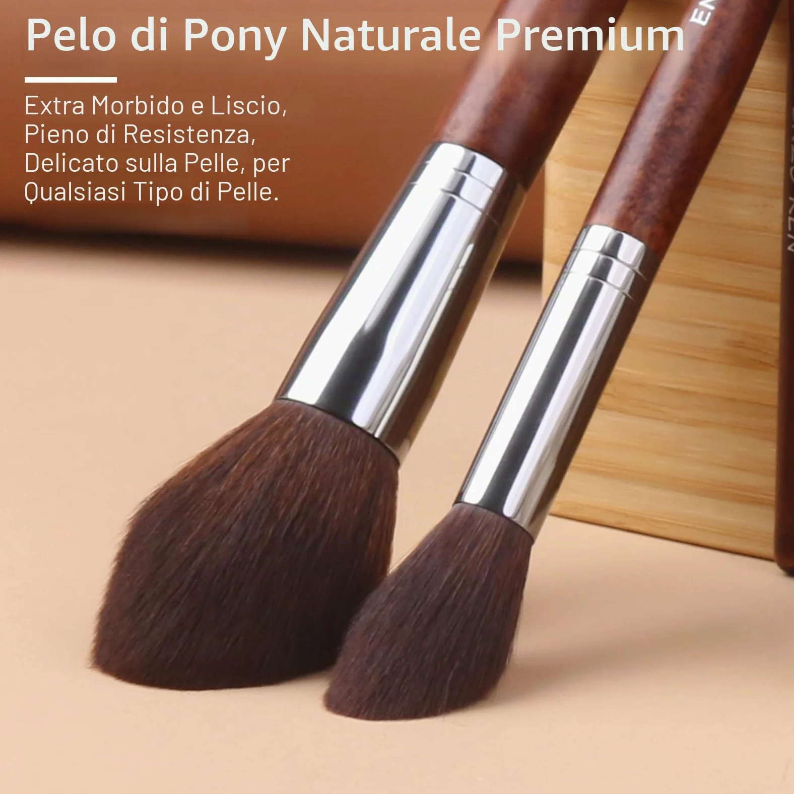 ENZO KEN - Set di pennelli professionali per trucco, con crini di cavallo naturali, con custodia, lussuosi, in legno, pennelli da trucco con setole naturali
