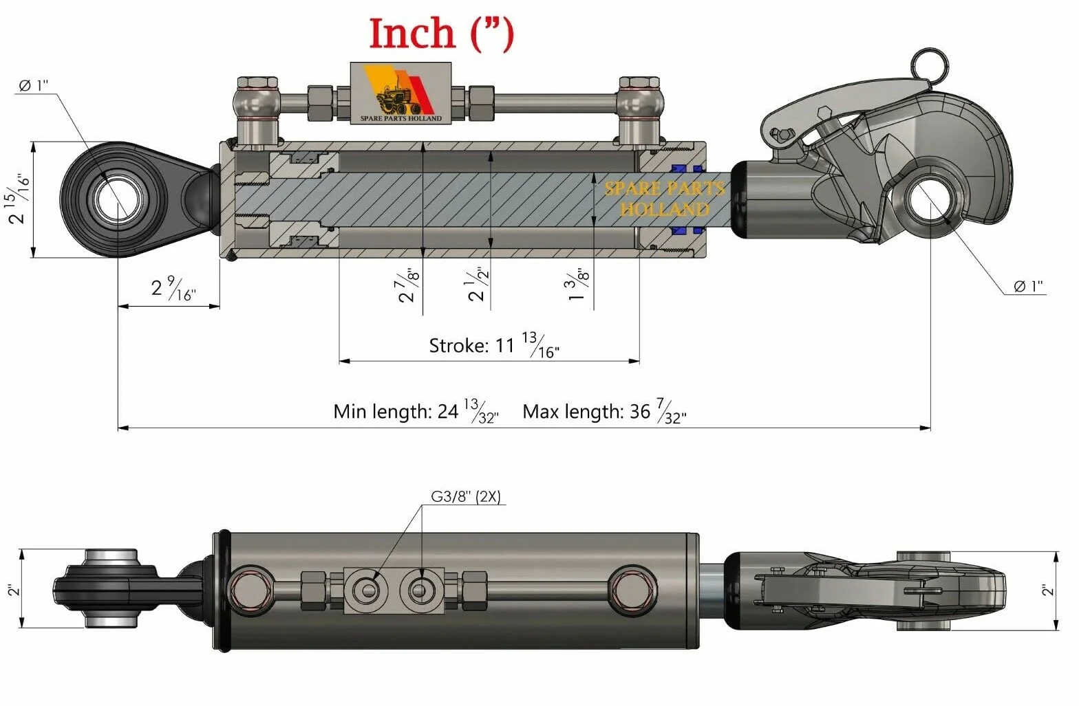 Terzo punto idraulico per trattore CAT2 300 mm Corsa blocco di bloccaggio con completo di tubi e nippli