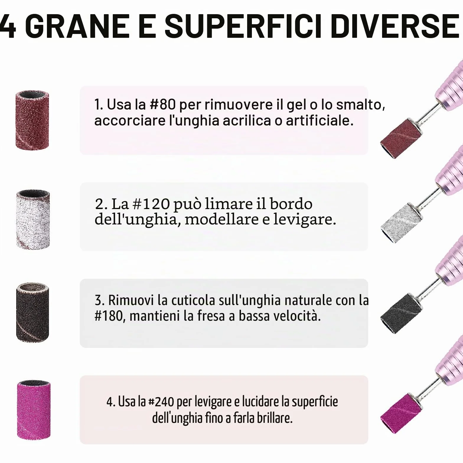 120 Pezzi Nastri Abrasivi Manicure, 80# 120# 180# 240# Levigatura Bande, Bande Abrasive con Punte per Fresa Unghie per Pedicure del Manicure del Trivello del Unghie Macchina