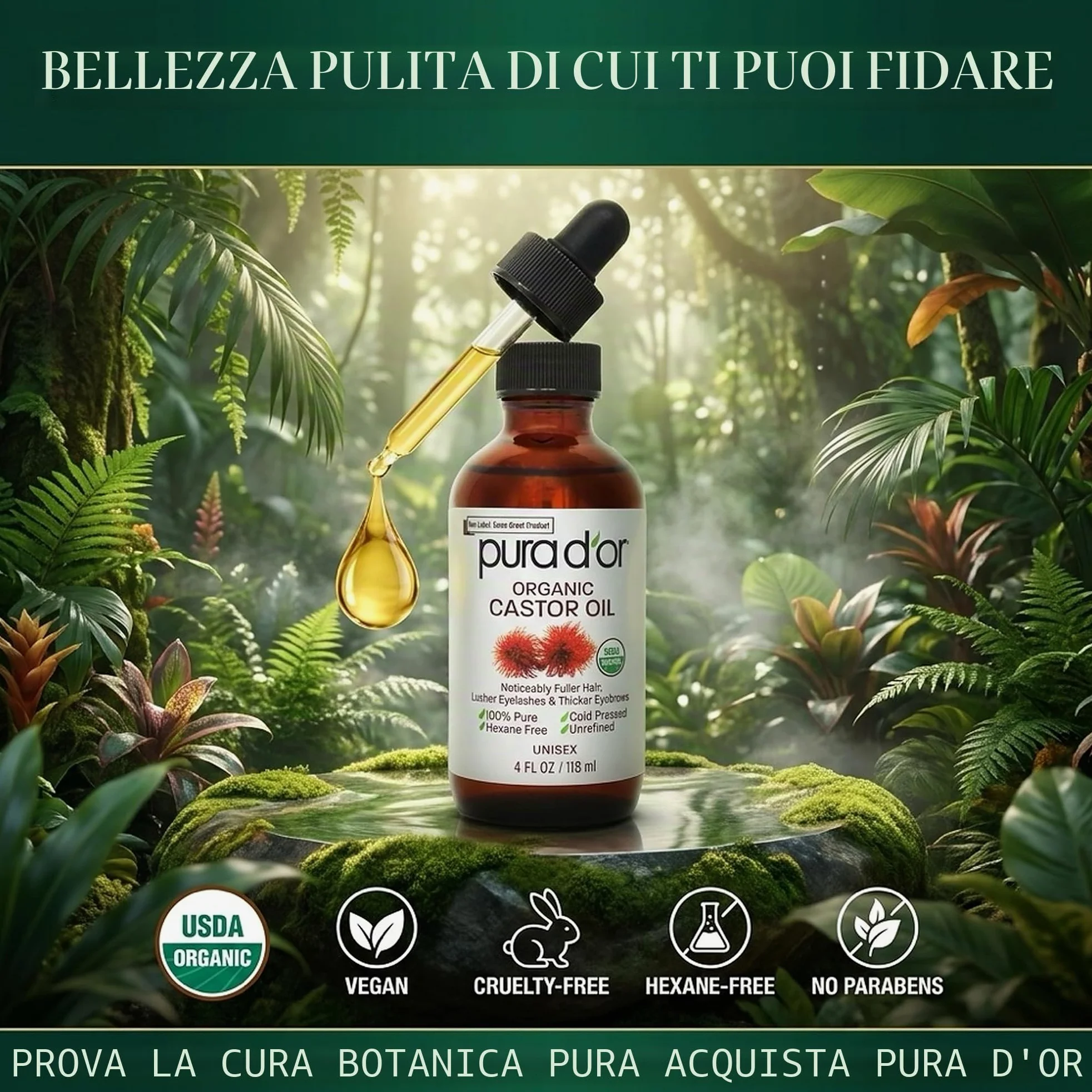Pura D'Or Olio di ricino (118 ml) 100% puro olio naturale per crescita di peli, sopracciglia, ciglia Olio senza esano pressato a freddo per idratare e curare la pelle secca