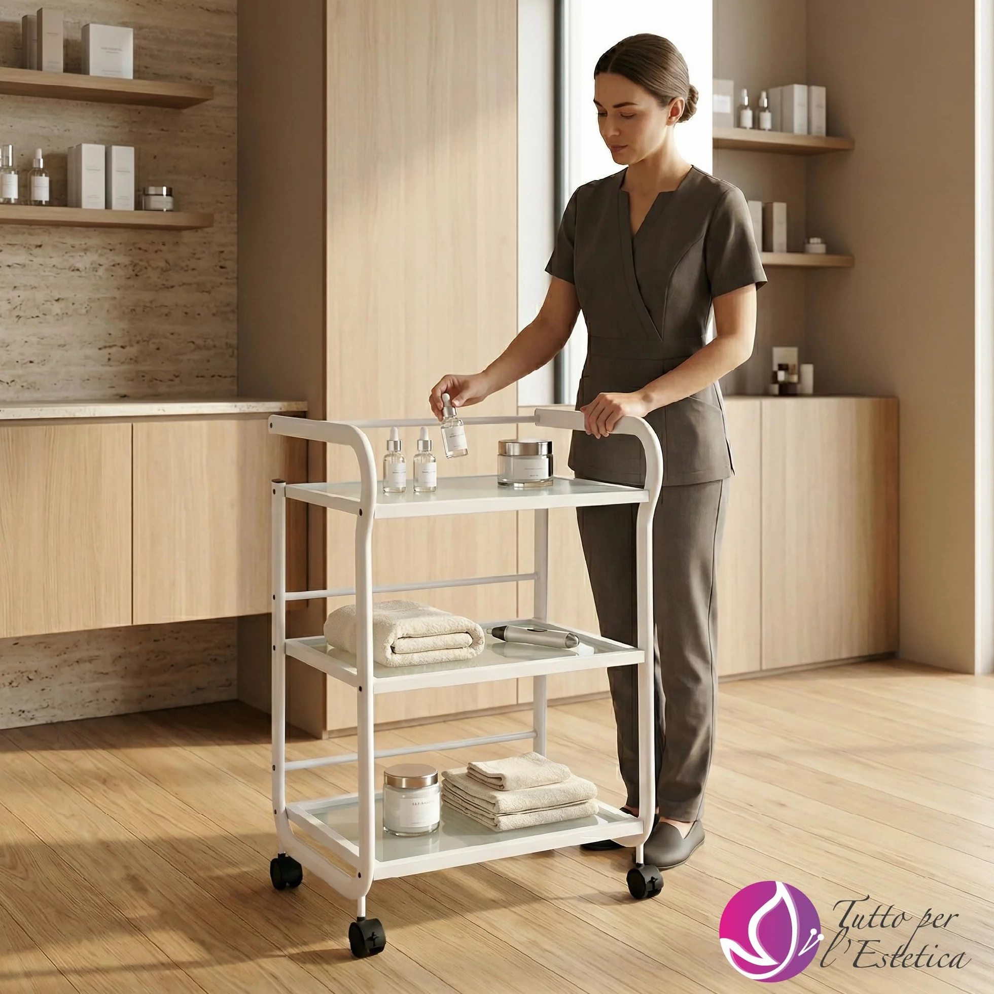 Carrello Estetista con Ruote - Mobiletto con Ruote, Leggero, Multiuso in Acciaio e 3 Ripiani in Vetro Traslucido - Carrello Portaoggetti per Estetica, Ceretta, Tattoo e Medico | Design Salvaspazio