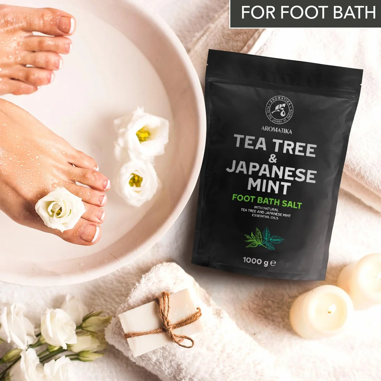 Sale per Pediluvio con Olio Essenzialedi Melaleuca e Olio di Menta Giapponese 1000g - Pediluvio al Sale Marino Naturale - Pediluvio per Piedi Secchi - Pedicure - Sali Profumati da Bagno